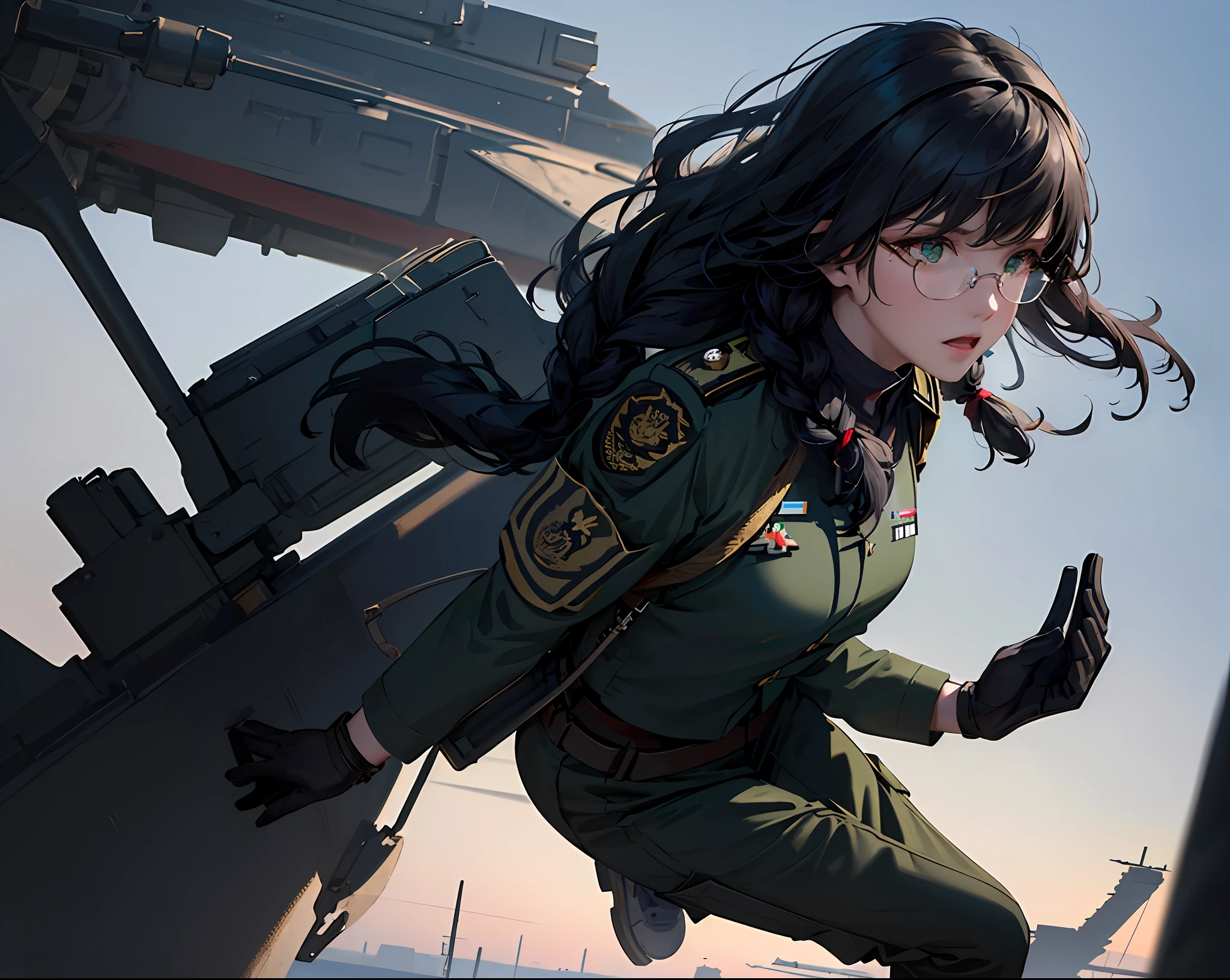 Masterpiece, realistic, sci-fi science fiction, realistic sci-fi movies, detailed facial features, realistic, in a single shot, detailed fighter planes, realistic high-tech fighter planes, cinematic angles, shades that Most realistic, detailed environment,( beautiful CG:1.4 ),Standing on an aircraft carrier in the sky,Detailed realistic eye sockets,Fantastic shadows,Tonal coverage,Beautiful colors,Woman,adult,short,small chest,26 years old,dark green eyes, Purple-black hair, two braids in the back, smooth bangs in the front, red glasses, a solemn expression, (ref. WWII white German Air Force general uniform: 1.5 )