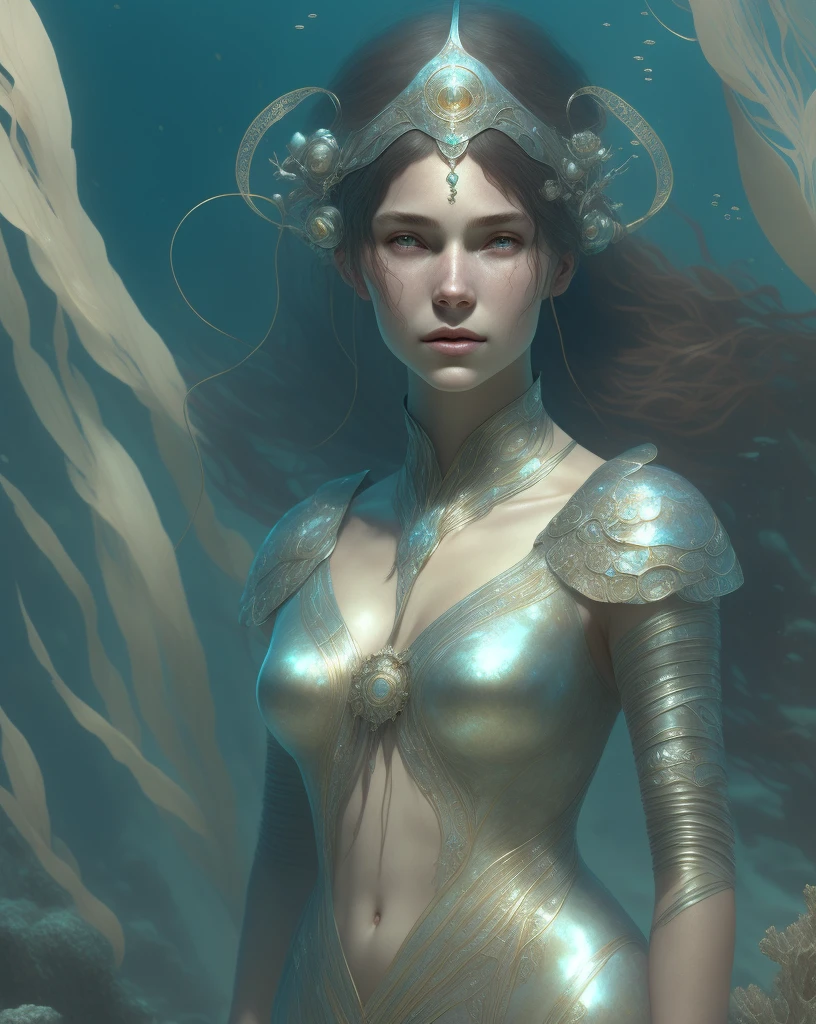 underwater girl, young woman wearing silver thread, artwork by aleksi briclot and alphonse mucha and william-adolphe bougeureau, octane render, 8k