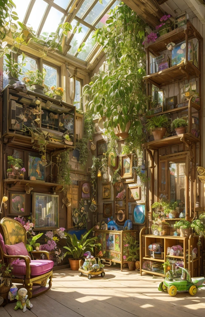Architectural Digest photo of a {vaporwave/steampunk/solarpunk} (( room)) green, with a lot kid toys, with flowers and plants, golden light, hyperrealistic surrealism, award-winning masterpiece with incredible detail, breathtakingly epic