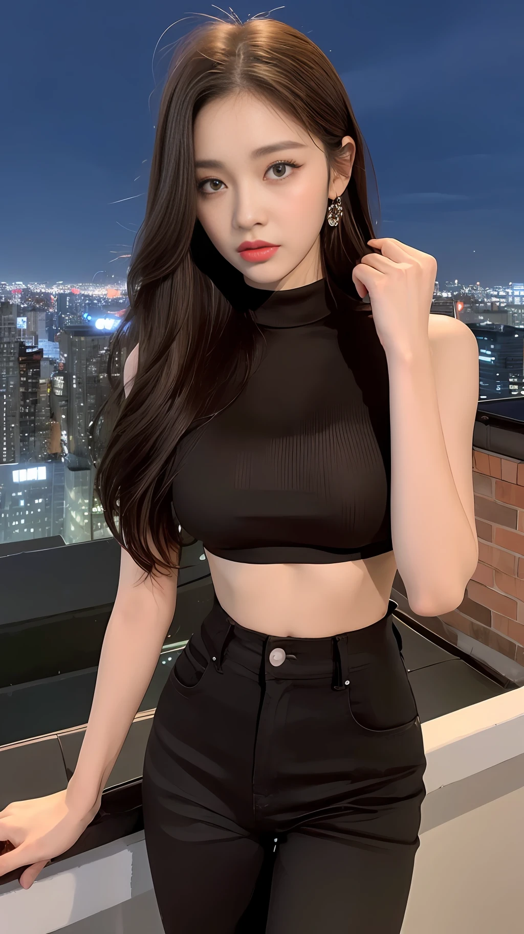 ((Midnight, Best quality, 8k, Masterpiece :1.3)), Whole body, Long legs, Sharp focus :1.2, A pretty woman with perfect figure :1.4, Slender abs :1.1, ((Dark brown hair, Big breasts :1.2)), (Crop top shirt, Low waist pants, Standing:1.2), ((Night city view, Rooftop:1.3)), Highly detailed face and skin texture, Detailed eyes, Double eyelid