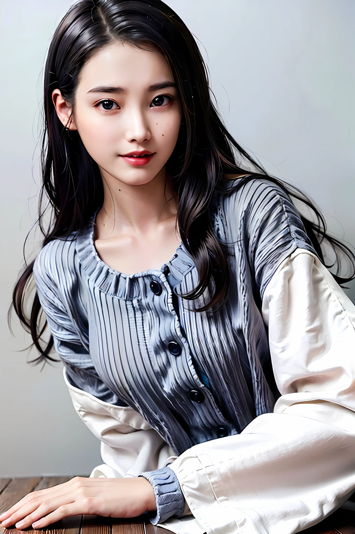 (Highly detailed CG unity 8k wallpaper), (Masterpiece), (Highest quality), (Portrait), (Highest illustration), (Highest shadow), (Realistic:1.4), 1girl on street, Kpop idol, ((Very over Size sweater, button sweater, open sweater), (grey hair:1.1), collarbone, (mid bust:1.3), viewer, smile, full body, hoodie, jacket, shorts, shiny hair, shiny face, smiling expression ,