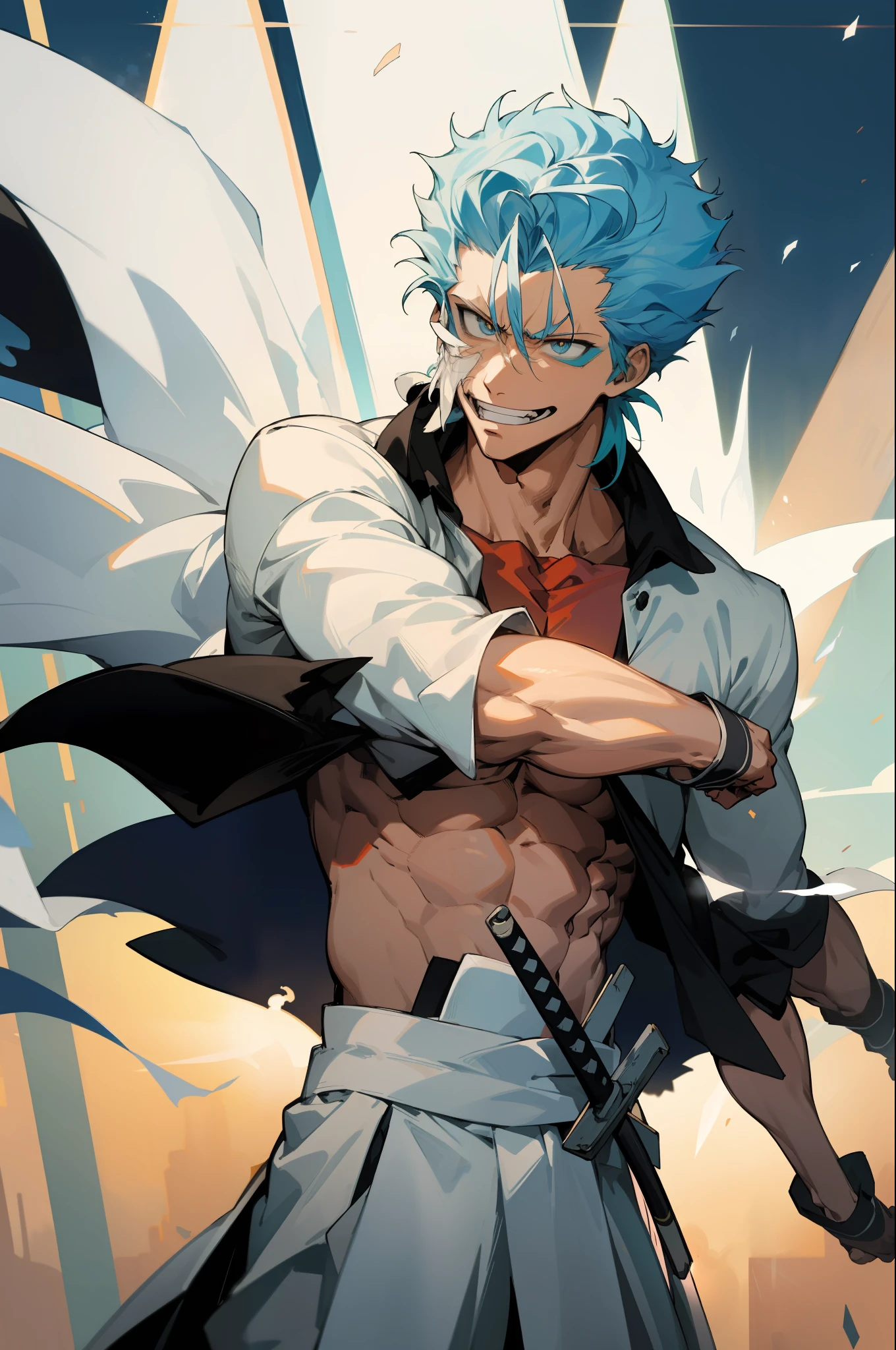 masterpiece, best quality, 1boy, grimmjow jaegerjaquez, at night, night, low light, natural light, fighting pose, white pants, white jacket, smiling with tongue out, damaged clothes, damaged skin, street, japanese street, low light, light rays, aura power, floating particles, doing a power, holding a katana, zanpakutou, angry eyes, angry face, smiling, looking ahead, male focus, strong muscles, movie composition, deth of field, bokeh