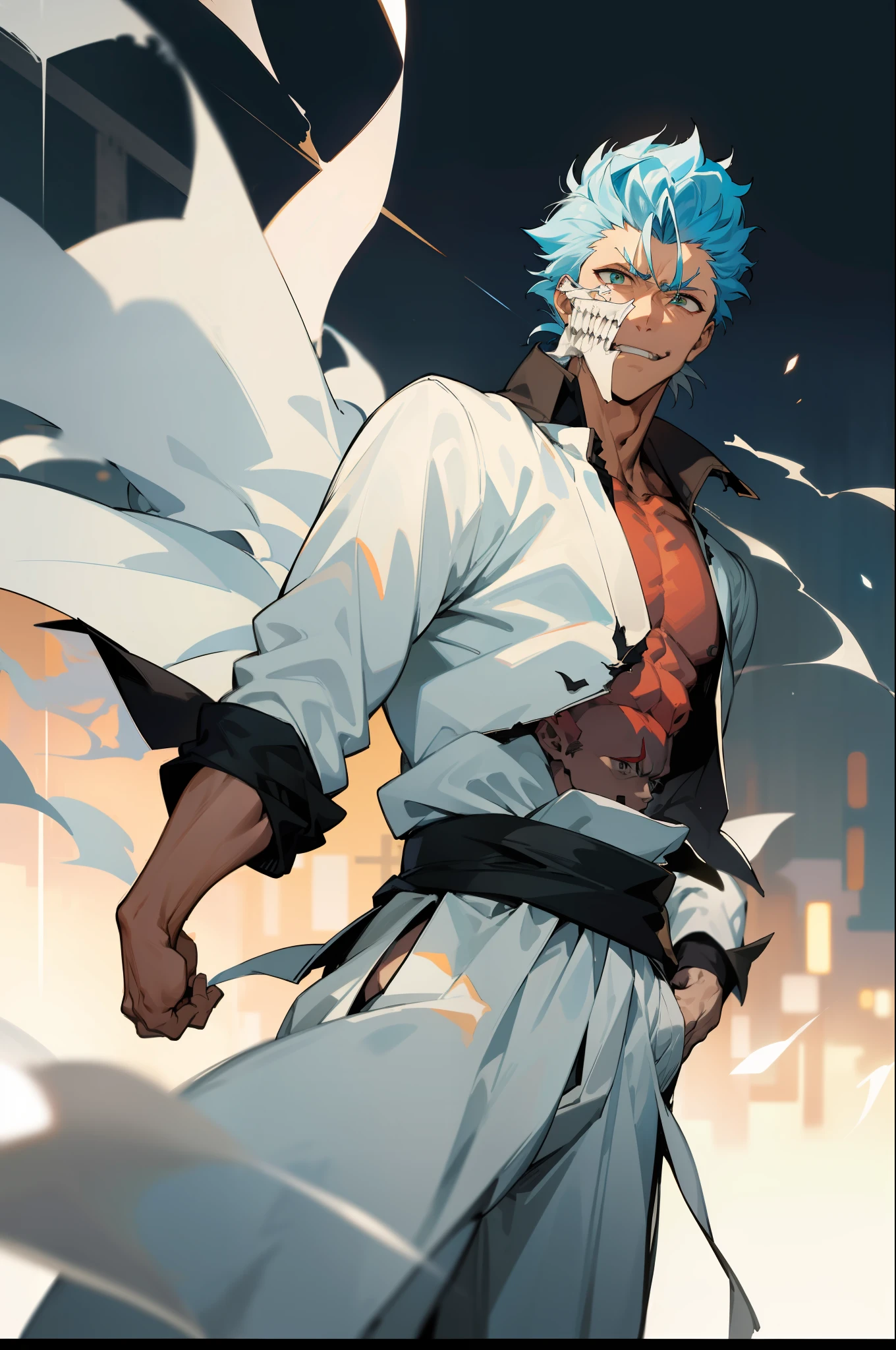 masterpiece, best quality, 1boy, grimmjow jaegerjaquez, at night, night, low light, natural light, fighting pose, white pants, white jacket, smiling with tongue out, damaged clothes, damaged skin, street, japanese street, low light, light rays, aura power, floating particles, doing a power, holding a katana, zanpakutou, angry eyes, angry face, smiling, looking ahead, male focus, strong muscles, movie composition, deth of field, bokeh