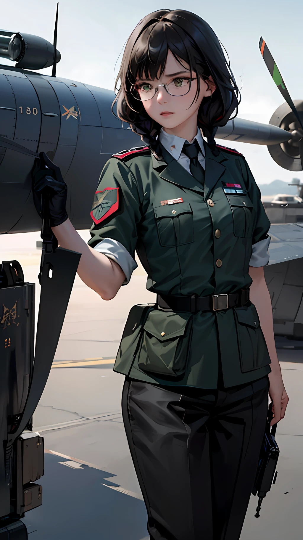 Masterpiece, realistic, sci-fi science fiction, realistic sci-fi movies, detailed facial features, realistic, in a single shot, detailed fighter planes, realistic high-tech fighter planes, cinematic angles, shades that Most realistic, detailed environment,( beautiful CG:1.4 ),Standing on an aircraft carrier in the sky,Detailed realistic eye sockets,Fantastic shadows,Tonal coverage,Beautiful colors,Woman,adult,short,small chest,26 years old,dark green eyes, Purple-black hair, two braids in the back, smooth bangs in the front, red glasses, a solemn expression, (ref. WWII white German Air Force general uniform: 1.5 )