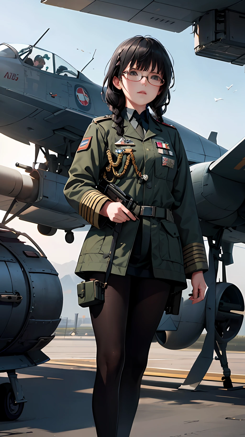 Masterpiece, realistic, sci-fi science fiction, realistic sci-fi movies, detailed facial features, realistic, in a single shot, detailed fighter planes, realistic high-tech fighter planes, cinematic angles, shades that Most realistic, detailed environment,( beautiful CG:1.4 ),Standing on an aircraft carrier in the sky,Detailed realistic eye sockets,Fantastic shadows,Tonal coverage,Beautiful colors,Woman,adult,short,small chest,26 years old,dark green eyes, Purple-black hair, two braids in the back, smooth bangs in the front, red glasses, a solemn expression, (ref. WWII white German Air Force general uniform: 1.5 )