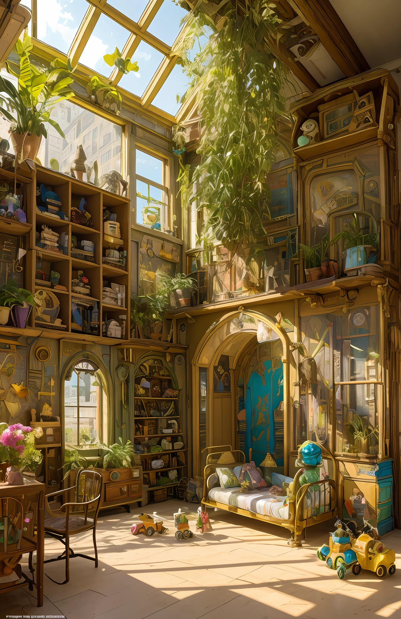 Architectural Digest photo of a {vaporwave/steampunk/solarpunk} ((Child room)) green, with a lot kid toys, with dolls, with a big bed, with flowers and plants, golden light, hyperrealistic surrealism, award-winning masterpiece with incredible detail, breathtakingly epic