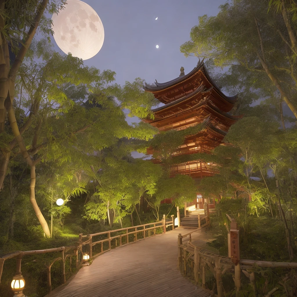 Bamboo forest, path, tree canopy, pagoda temple outside the canopy covered path, pagoda in center of horizon, moon on horizon behind pagoda, night sky