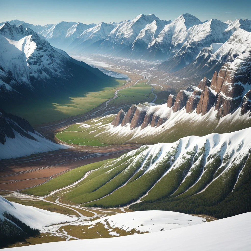 Real photograph of a vast, green valley where dairy cows graze. The valley is surrounded by some hills and in the background are mountains with some snow on their tops. 8K, UHD.