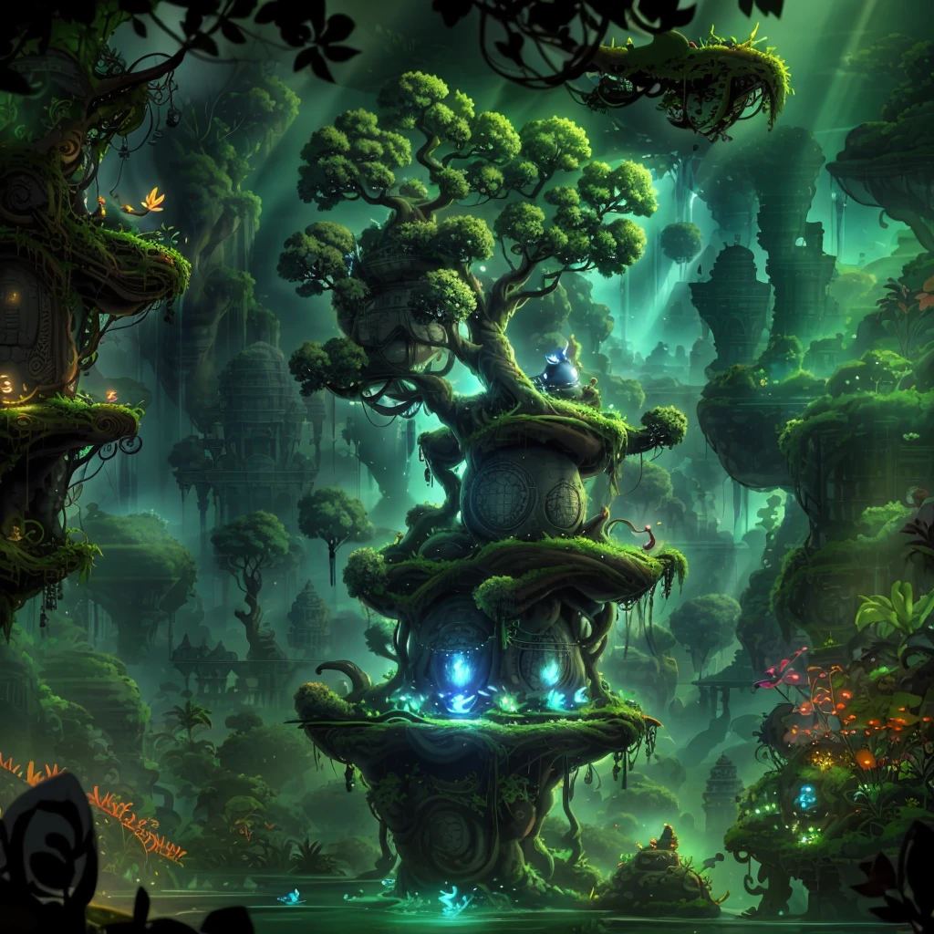 [Buddhist temple lost in the jungle, perched on floating rocks, citadel similar to Angkor temples, lush vegetation and wild gardens covering the temples] + [The entire jungle and temples on floating rocks, pointing to Below, trees and jungle roots entering the castle are illuminated by luminous leaves, a colorful parrot on a branch on the right in the foreground, a black panther is napping on a tree on the left, Angkor Wat looks mysterious, and the night of dawn is mysterious]+ [Jungle, Lost Temples of India, detailed pictures]