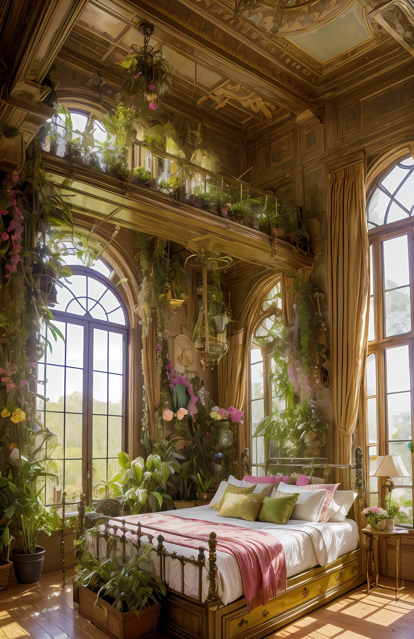 Architectural Digest photo of a maximalist green {vaporwave/steampunk/solarpunk} ((bed room)) with flowers and plants, golden light, hyperrealistic surrealism, award-winning masterpiece with incredible detail, breathtaking epic