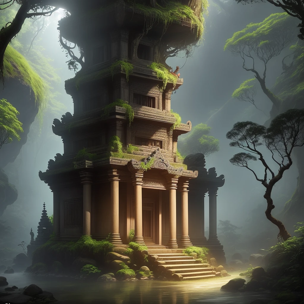[Buddhist temple lost in the jungle, perched on floating rocks, citadel similar to Angkor temples, lush vegetation and wild gardens covering the temples] + [The entire jungle and temples on floating rocks, pointing to Below, trees and jungle roots entering the castle are illuminated by luminous foliage, a colorful parrot is on a branch on the right in the foreground, a black panther is napping on a tree on the left, Angkor Wat looks mysterious, the night of dawn is mysterious]