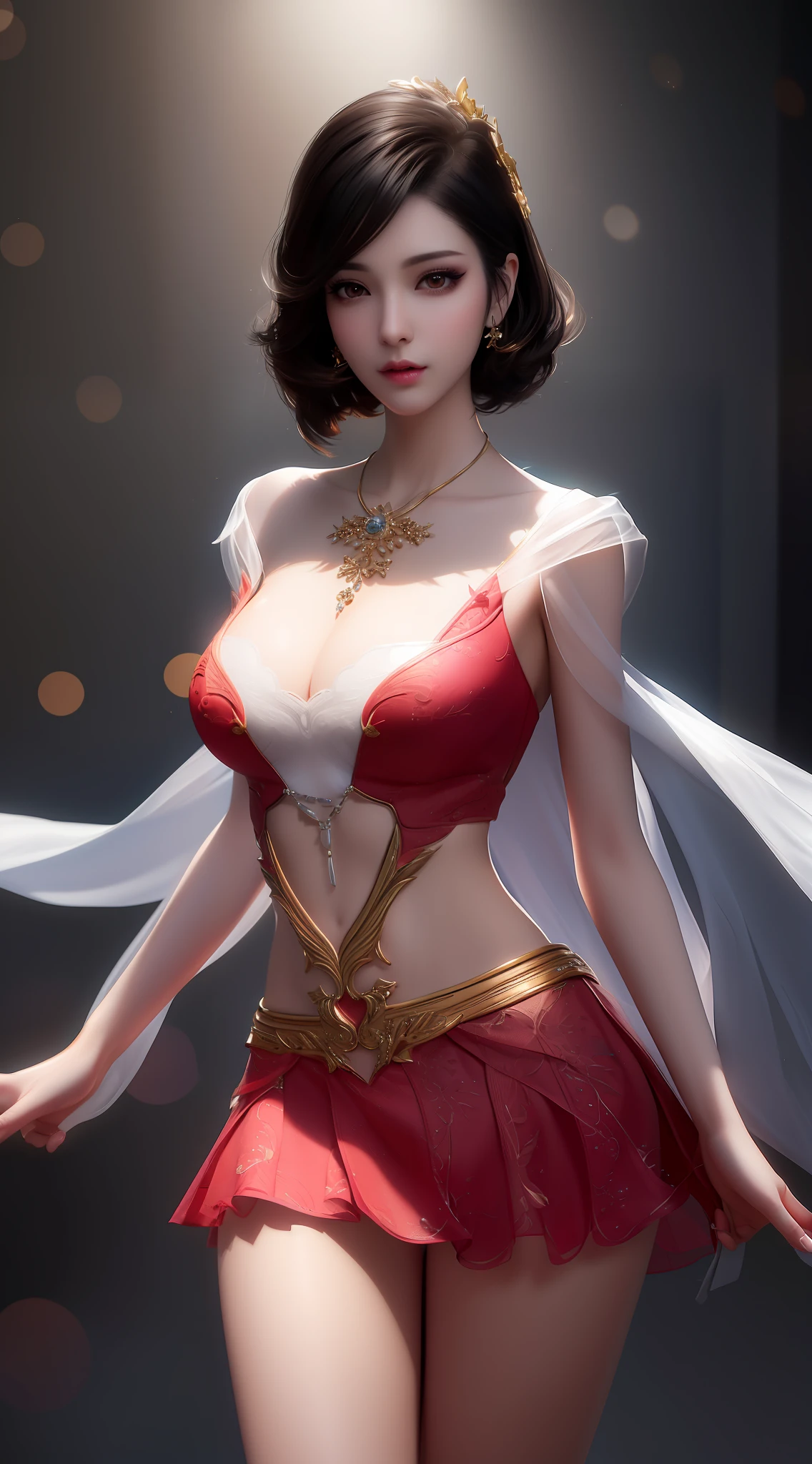 Top quality, masterpiece, high resolution, 1girl, black short hair: 1.2, business suit short skirt, necklace, hairpin, red jewelry, beautiful face, tyndall effect, photorealistic, dark studio, rim lighting, two-tone lighting, (high detail skin:1.2 ), 8k uhd , DSLR, soft lighting, candid, bokeh, medium breasts, light pink lips, masterpiece, high quality shadows, high detail, beautiful detail, fine detail, extremely detailed cg, detailed texture, realistic face expression, Realistic, colorful, detailed, cinematic light, side lighting, lens flare, ray tracing, sharp focus, (intricate detail, makeup, (detailed beautiful delicate face, detailed beautiful delicate eyes, perfect face proportions, high detailed skin, best proportions) four fingers and one thumb, arms under the chest, medium-sized breasts, wide hips, thick thighs, smooth skin,