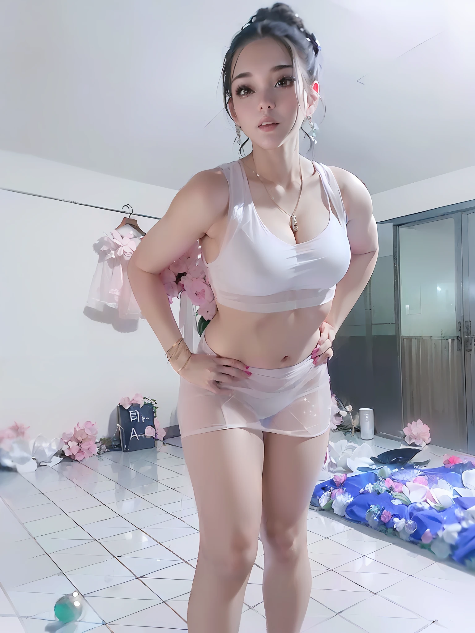 (Seethrough:1.5), (Six pack), (Big breasts:1.2), (Reality: 1.4), Thin face, ((Thin waist)),((Very large breasts: 2.5)) ,(Standing: 1 ),((shoulder width: 1.3)), ((looking at the audience)) , ( 1 girl:1.5), (masterpiece, best quality, very detailed), extraordinarily realistic, realistic, (best lighting, best shadows, delicate and beautiful