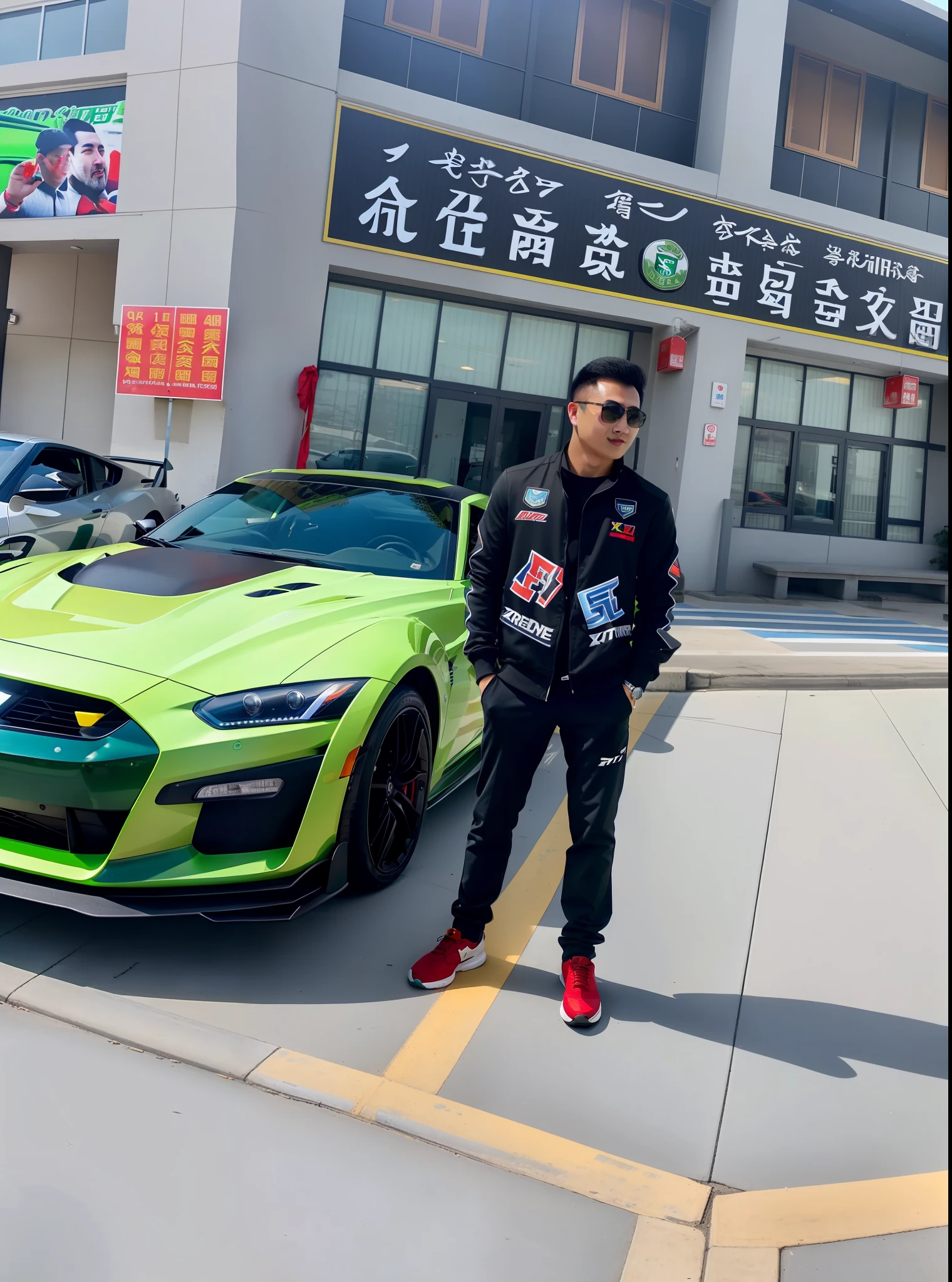 arafed man standing next to a green sports car in a parking lot, 🔞🤡, gtr xu1, zeng fanzh, zmonzheng, profile picture 1024px, jinyiwei, xintong chen, steve zheng, official, 🕹️ 😎 🔫 🤖 🚬, 🔥 😎 🕹️ 👀 :2