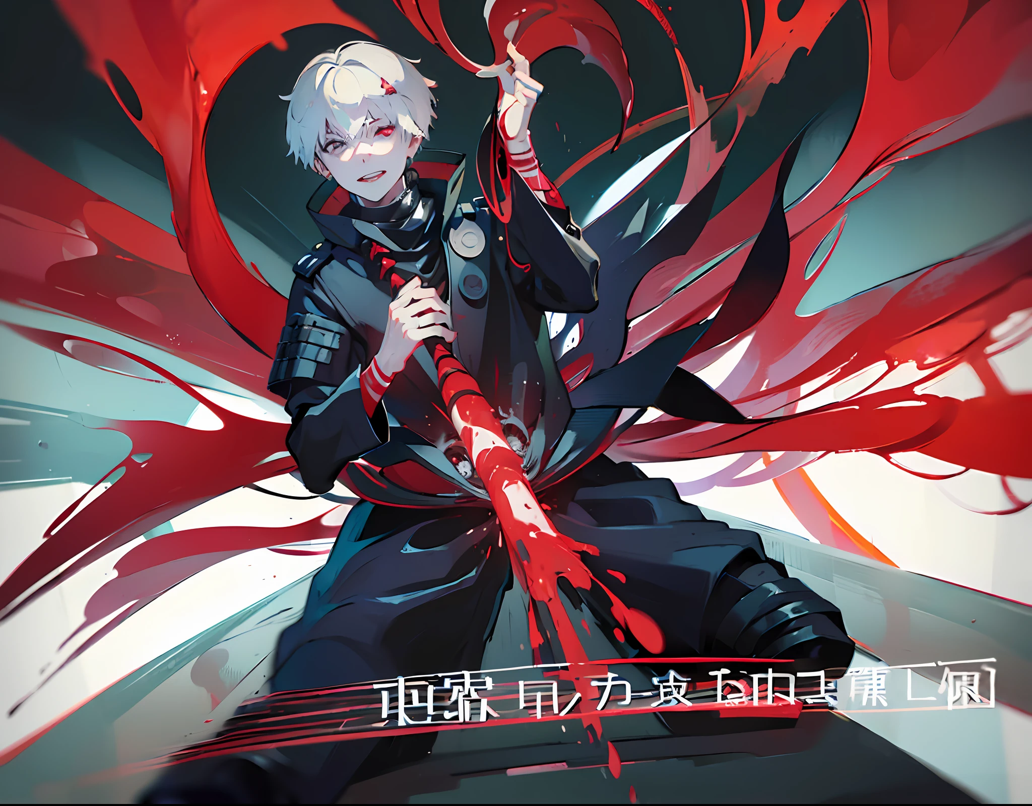 (masterpiece, high quality:1.4), (kaneki ken, black hair, (white hair), red and black eye, mask | teeth, blood eyes, black clothes, scorpio tentacles), blood, ((full body)), (dynamic pose), black background, thrilling, (fierce face), powerful aura, glowing red eye,blood tentacles,kagune powers,8k,64k, HD, unparalleled masterpiece, dynamic lighting, cinematic, epic, highest quality digital art