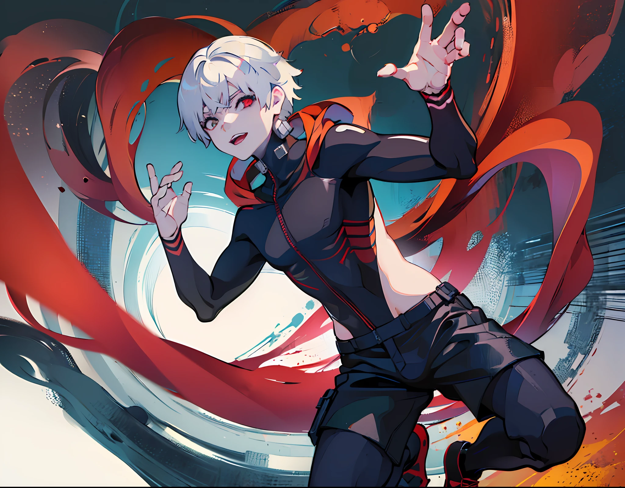 (masterpiece, high quality:1.4), (kaneki ken, black hair, (white hair), red and black eye, mask | teeth, blood eyes, black clothes, scorpio tentacles),  blood, ((full body)), (dynamic pose), black background, thrilling, (fierce face), powerful aura, glowing red eye,blood tentacles,kagune powers,8k,64k, HD, unparalleled masterpiece, dynamic lighting, cinematic, epic, highest quality digital art