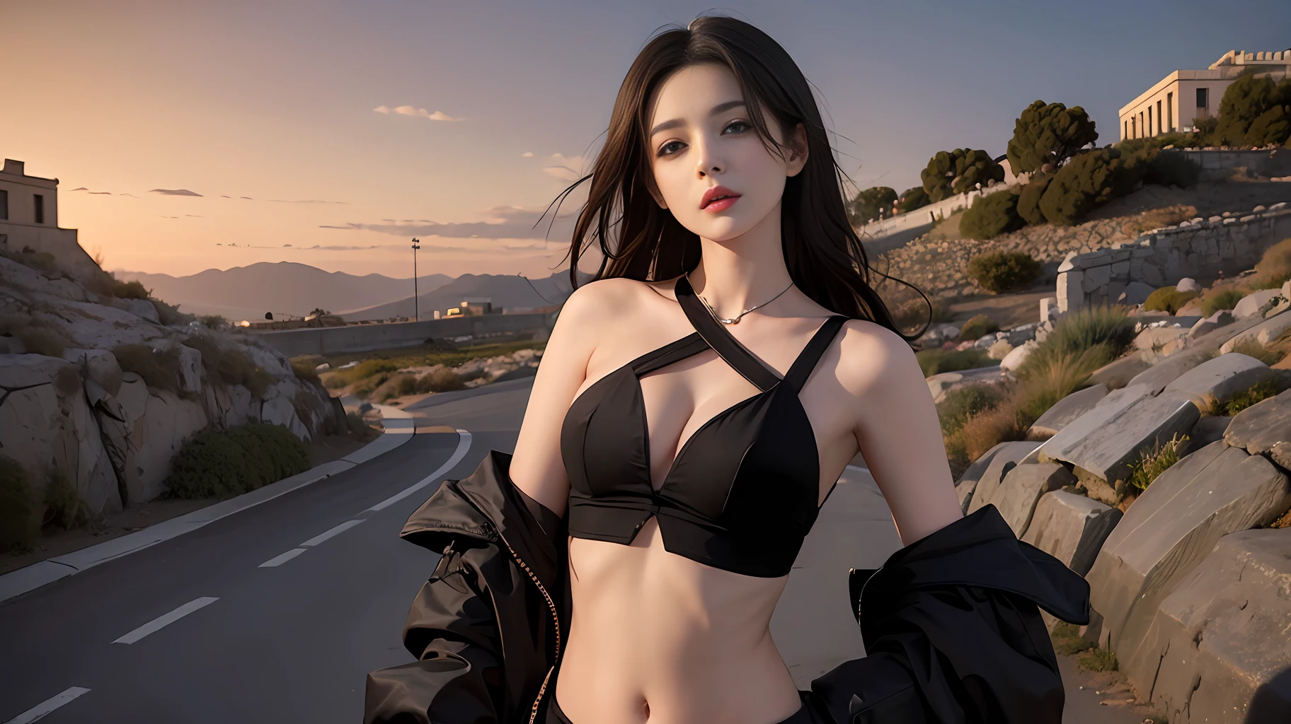 stunningly beautiful (aeolian:1.5) wlop perfect full HDR body black hair and dress princess exposed midriff