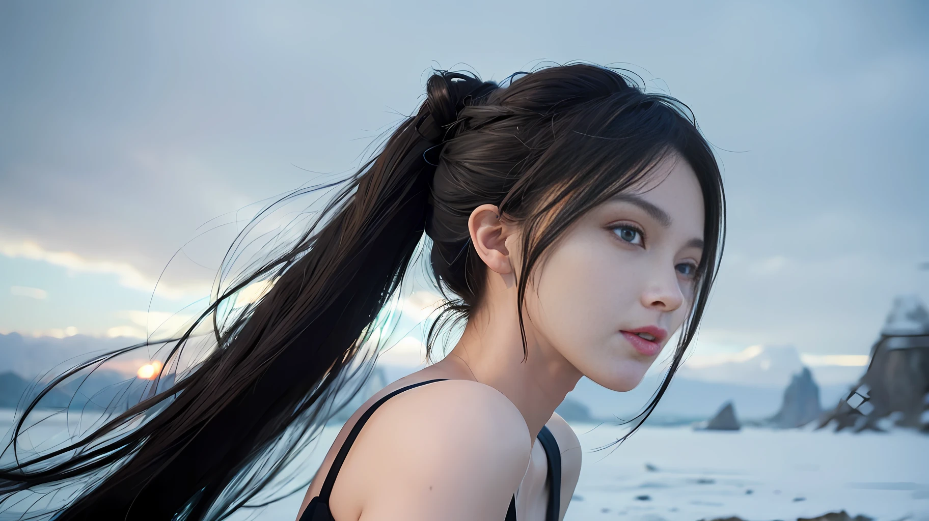 RAW, Masterpiece, Ultra Fine Photo, (8k, RAW Photo: 1.2), Best Quality, Ultra High Resolution, Photorealistic, Sunlight, Full Body Portrait, Stunningly Beautiful, (leblanc\(League of Legends\)), Dynamic pose, wearing heat regulating clothing, (hair bun, double ponytail: 1.2), (flawless ???????),, (exquisite face), vibrant eyes, (viewed from the side), she manipulates reality, masterful Magician, in [Frozen tundra ruled by ferocious ice giants and dangerous ice floes and blizzards: Wormhole network for faster-than-light travel: 0.75], (very detailed backgrounds, detailed faces, detailed and complex busy Background: 0.8), messy, gorgeous, milky, ((high detailed skin, realistic skin detail)), (visible pores: 0.3), sharp focus, volumetric fog, 8k uhd, dslr, high quality, film grainy, fair skin, photorealism, lomography, in (huge metropolis in a future dystopia), seen from below, translucent, (HDR:1.2)