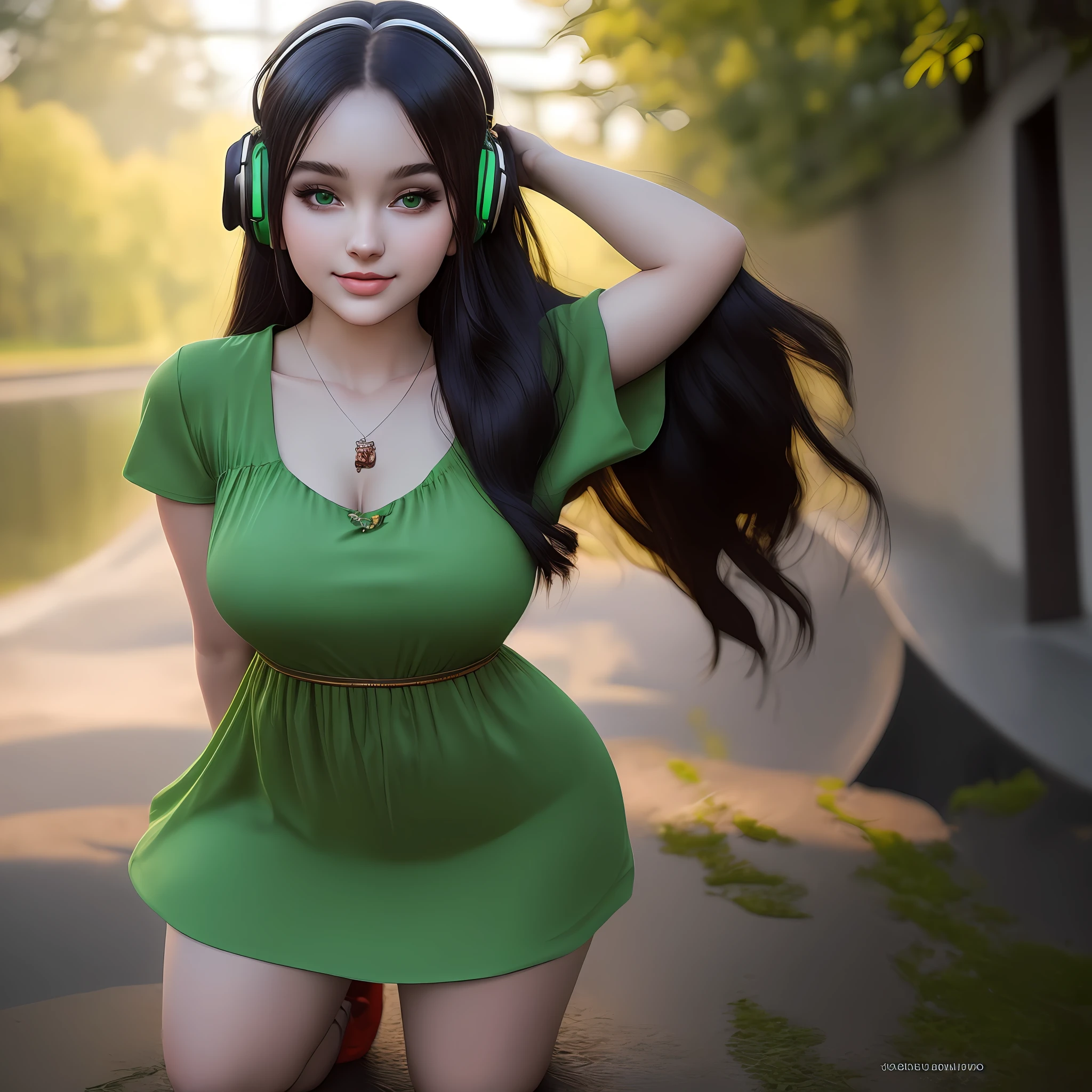 Photo of beautiful young woman, age 25, (((head in frame))), (full body), green dress, perfectly beautiful, wearing big headphone, highly detail, dark hair, ((anime)), realistic anime portrait, studio lighting, anime photography