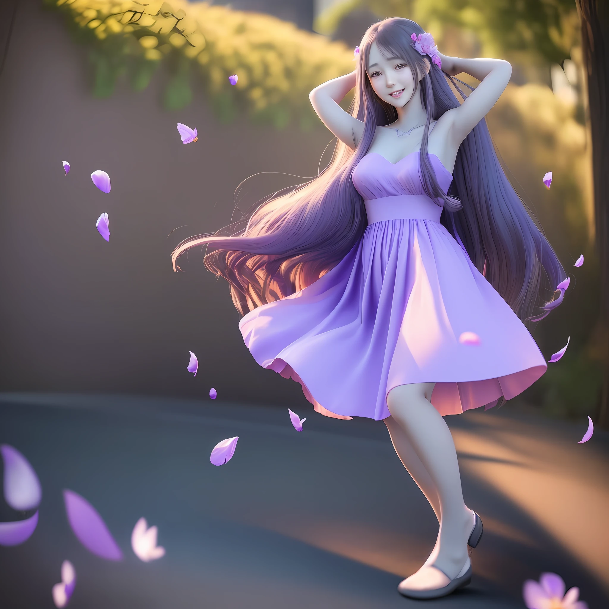 anime girl in a purple dress with long hair and petals flying around her, smooth anime cg art, cute anime waifu in a nice long dress, beautiful anime girl, photorealistic anime girl render, 3d anime girl, beautiful anime woman, render of a cute 3d anime girl, beautiful alluring anime woman, anime styled 3d, anime girl with long hair