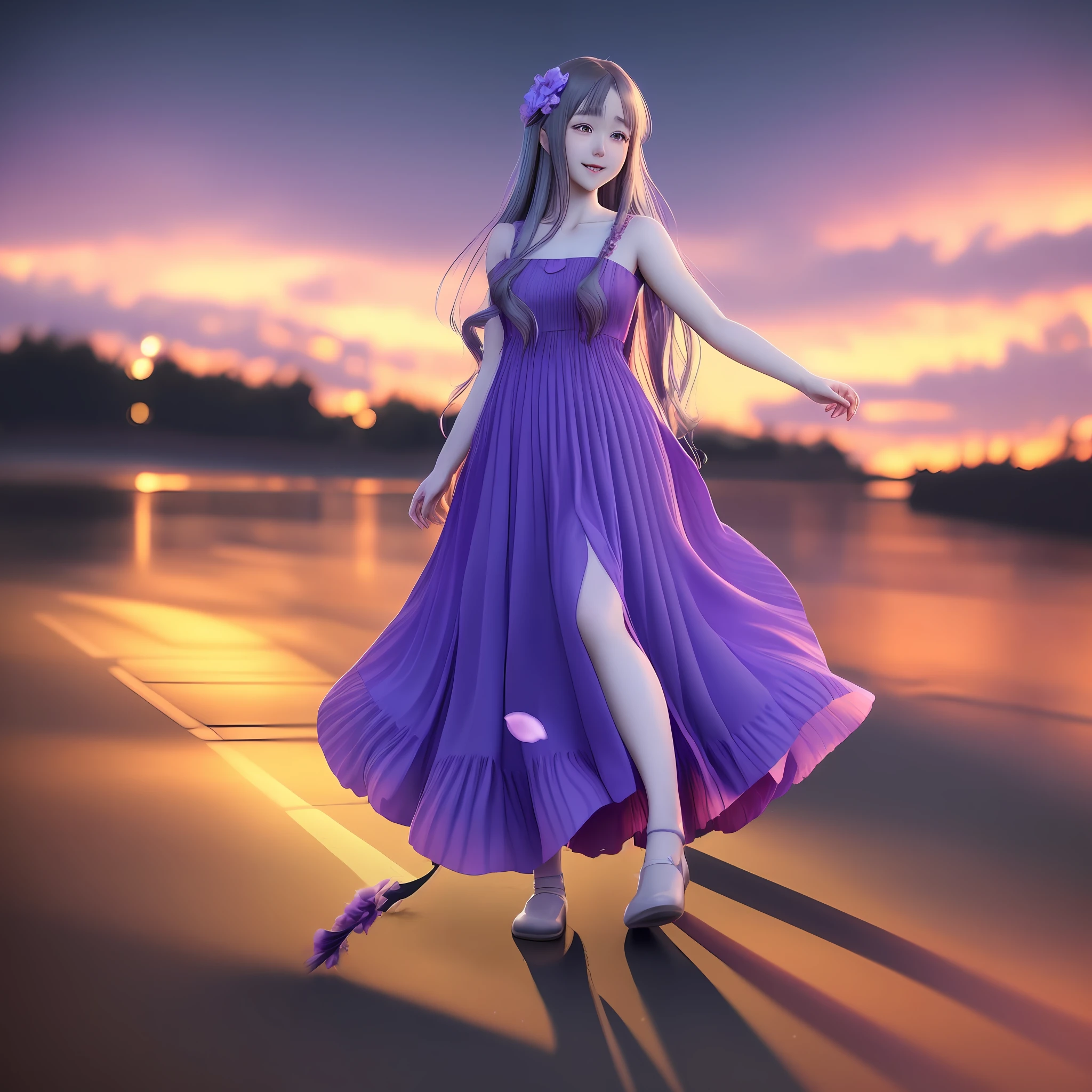 anime girl in a purple dress with long hair and petals flying around her, smooth anime cg art, cute anime waifu in a nice long dress, beautiful anime girl, photorealistic anime girl render, 3d anime girl, beautiful anime woman, render of a cute 3d anime girl, beautiful alluring anime woman, anime styled 3d, anime girl with long hair