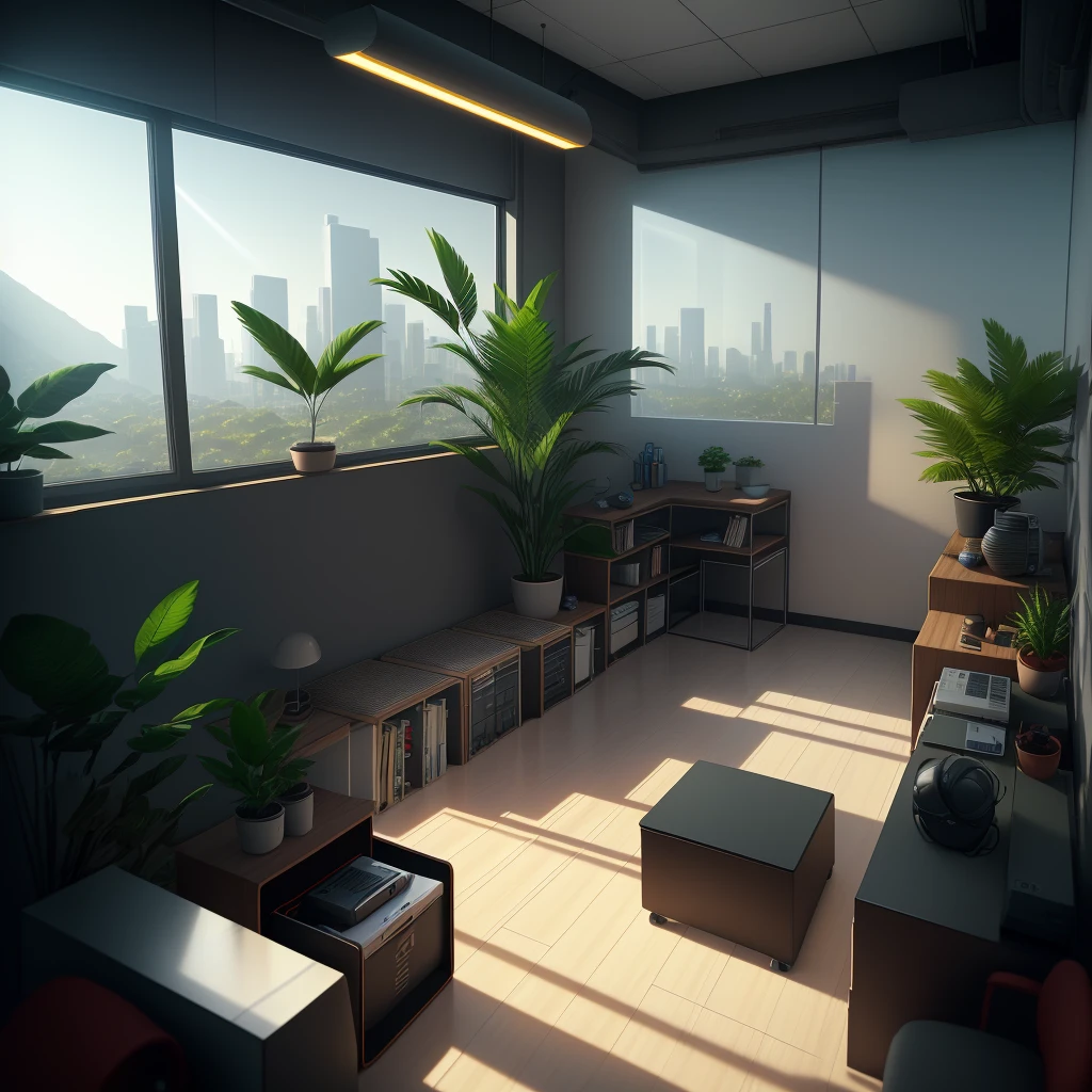 antitech,light particles, chair, computer, desk, indoors, monitor, no_humans, office_chair, plant, potted_plant, scenery, table, tile_floor, tiles, trash_can,scifi