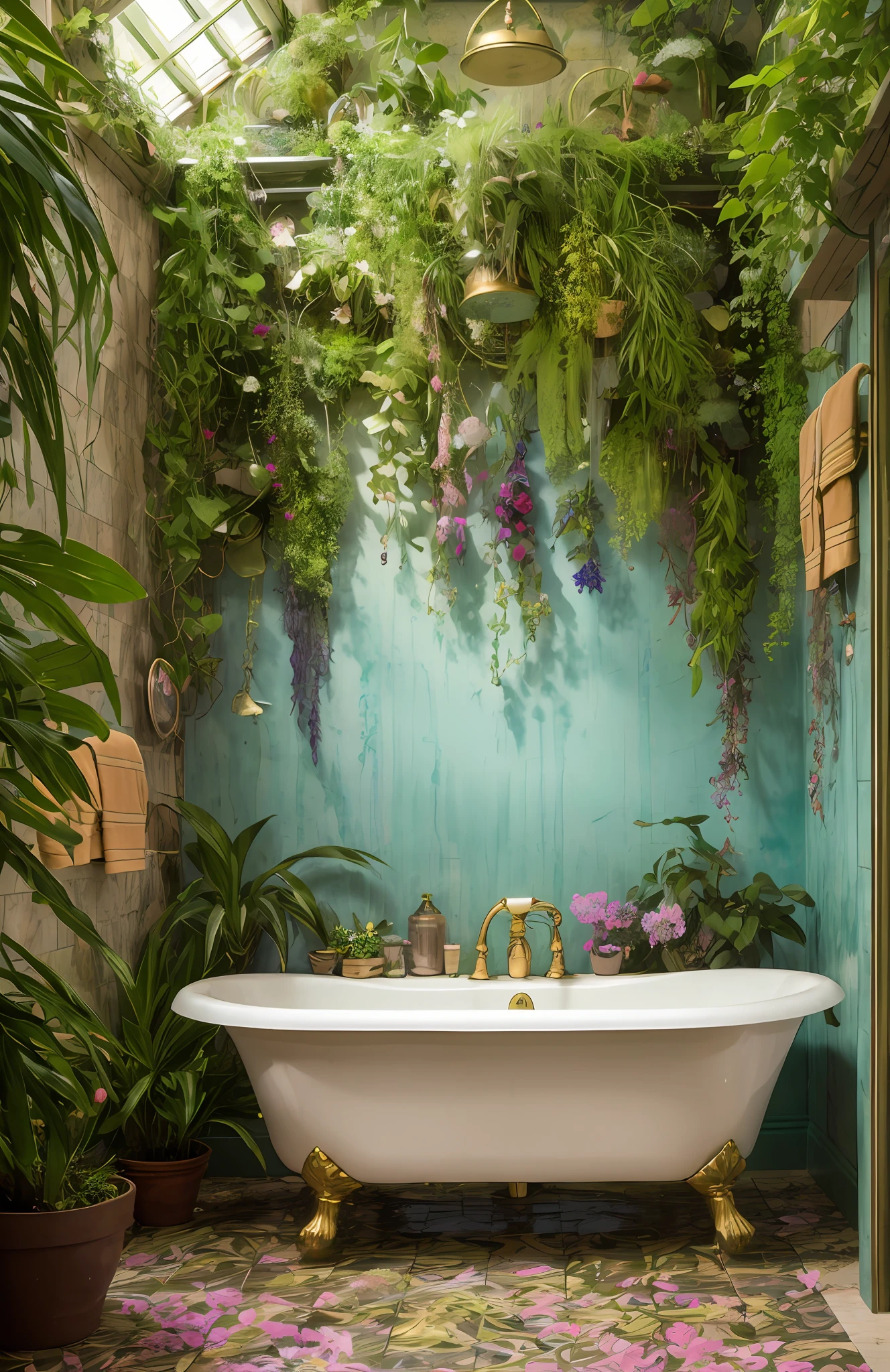 Architectural Digest photo of a maximalist green {vaporwave/steampunk/solarpunk} ((a large bathroom with a large bathtub)) with flowers and plants, golden light, hyperrealistic surrealism, award-winning masterpiece with incredible detail, breathtaking epic