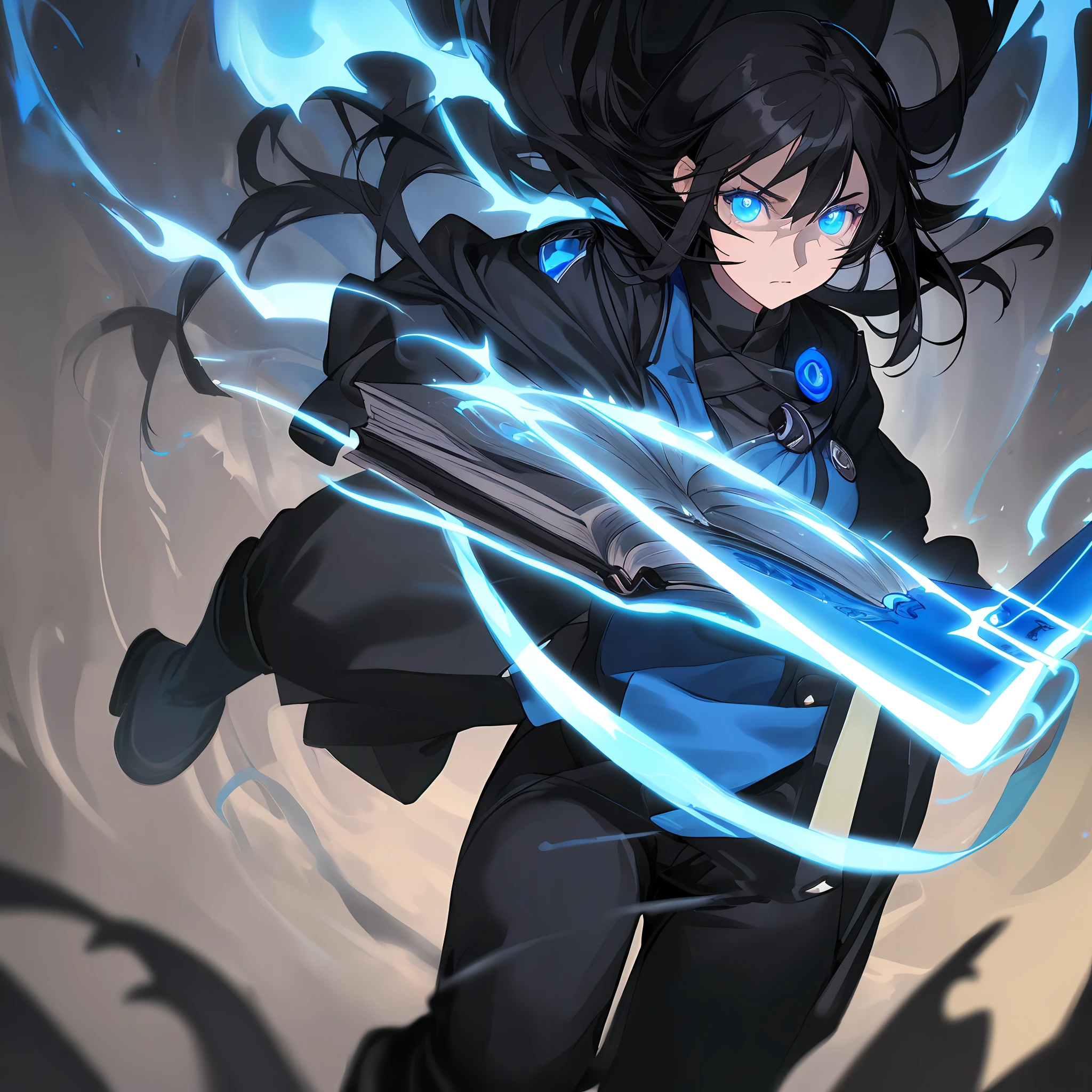 Realistic artwork, woman 1, black hair, blue eyes, outline nose, fair skin, black straight hair, evil expression, black uniform, blue sleeves, black pants, black boots, holding a black magic book in her left hand, glowing eyes, blue flames