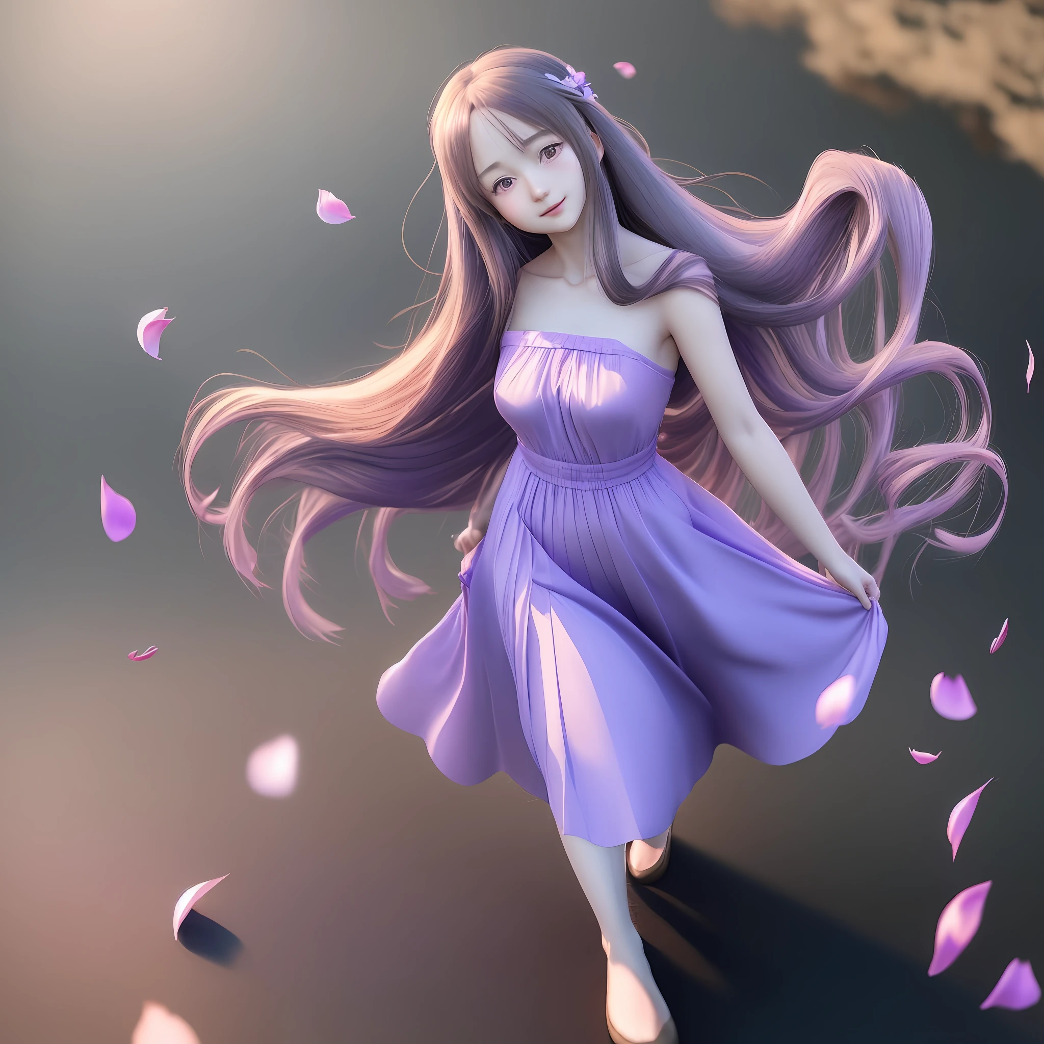 anime girl in a purple dress with long hair and petals flying around her, smooth anime cg art, cute anime waifu in a nice long dress, beautiful anime girl, photorealistic anime girl render, 3d anime girl, beautiful anime woman, render of a cute 3d anime girl, beautiful alluring anime woman, anime styled 3d, anime girl with long hair