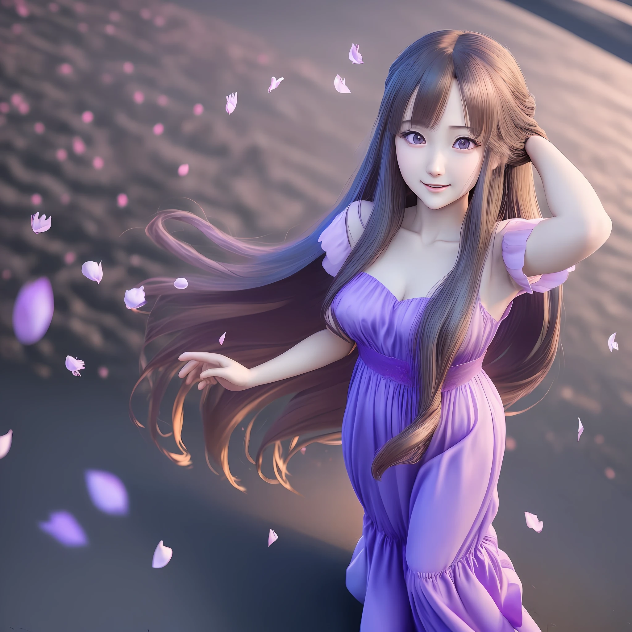 anime girl in a purple dress with long hair and petals flying around her, smooth anime cg art, cute anime waifu in a nice long dress, beautiful anime girl, photorealistic anime girl render, 3d anime girl, beautiful anime woman, render of a cute 3d anime girl, beautiful alluring anime woman, anime styled 3d, anime girl with long hair
