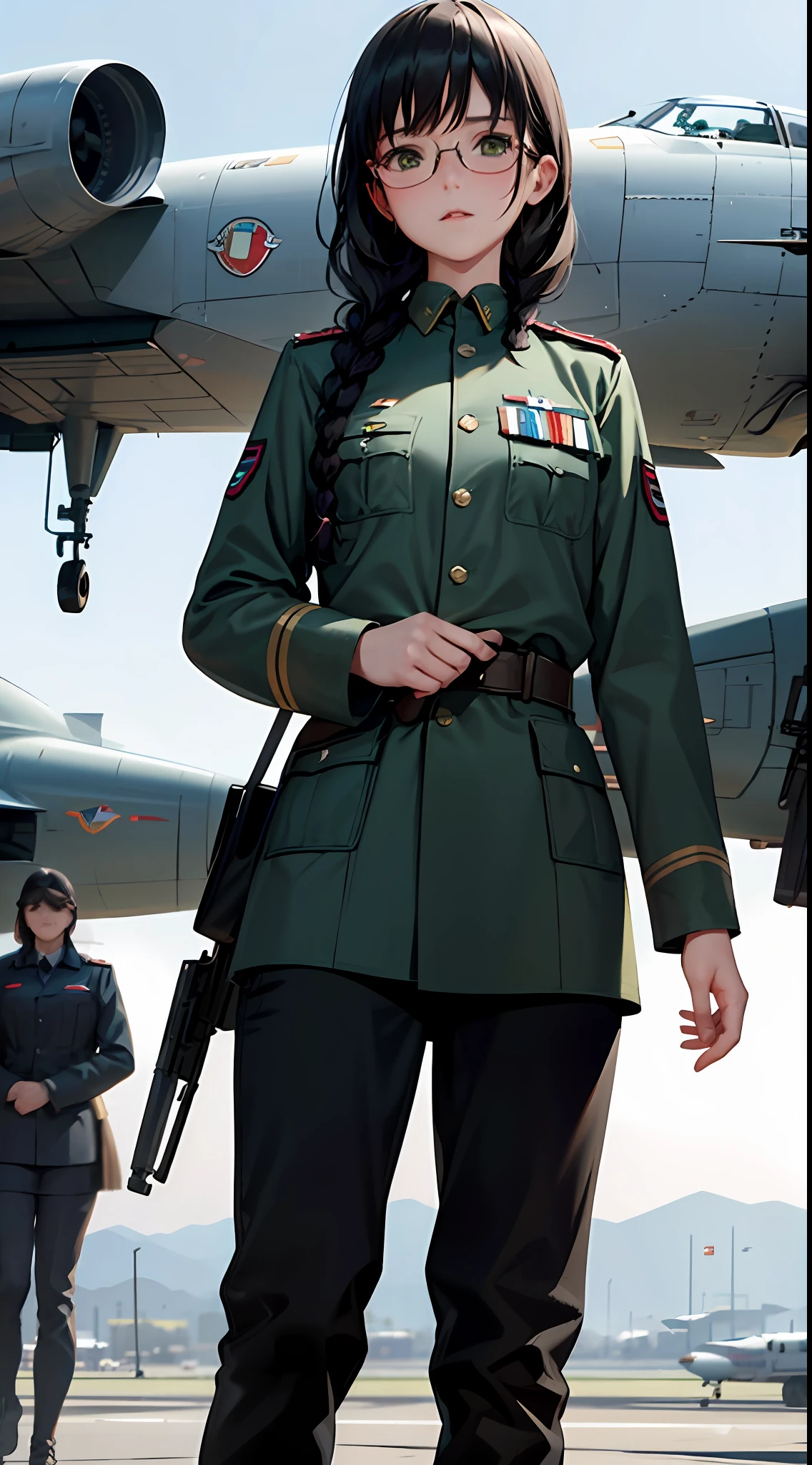 Masterpiece, realistic, sci-fi science fiction, realistic sci-fi movies, detailed facial features, realistic, in a single image, but modest, detailed fighters, realistic hi-tech fighters, cinematic camera angles. ,Most realistic shade,Detailed environment,(Beautiful CG:1.4 ),Standing on an aircraft carrier in the sky,Detailed realistic eye sockets,Fantastic shadows,Tonal coverage,Beautiful colors,Woman,adult,short,small chest,26 years old,dark green eyes, Purple-black hair, two braids in the back, smooth bangs in the front, red glasses, a solemn expression, (ref. WWII white German Air Force uniform: 1.5 )