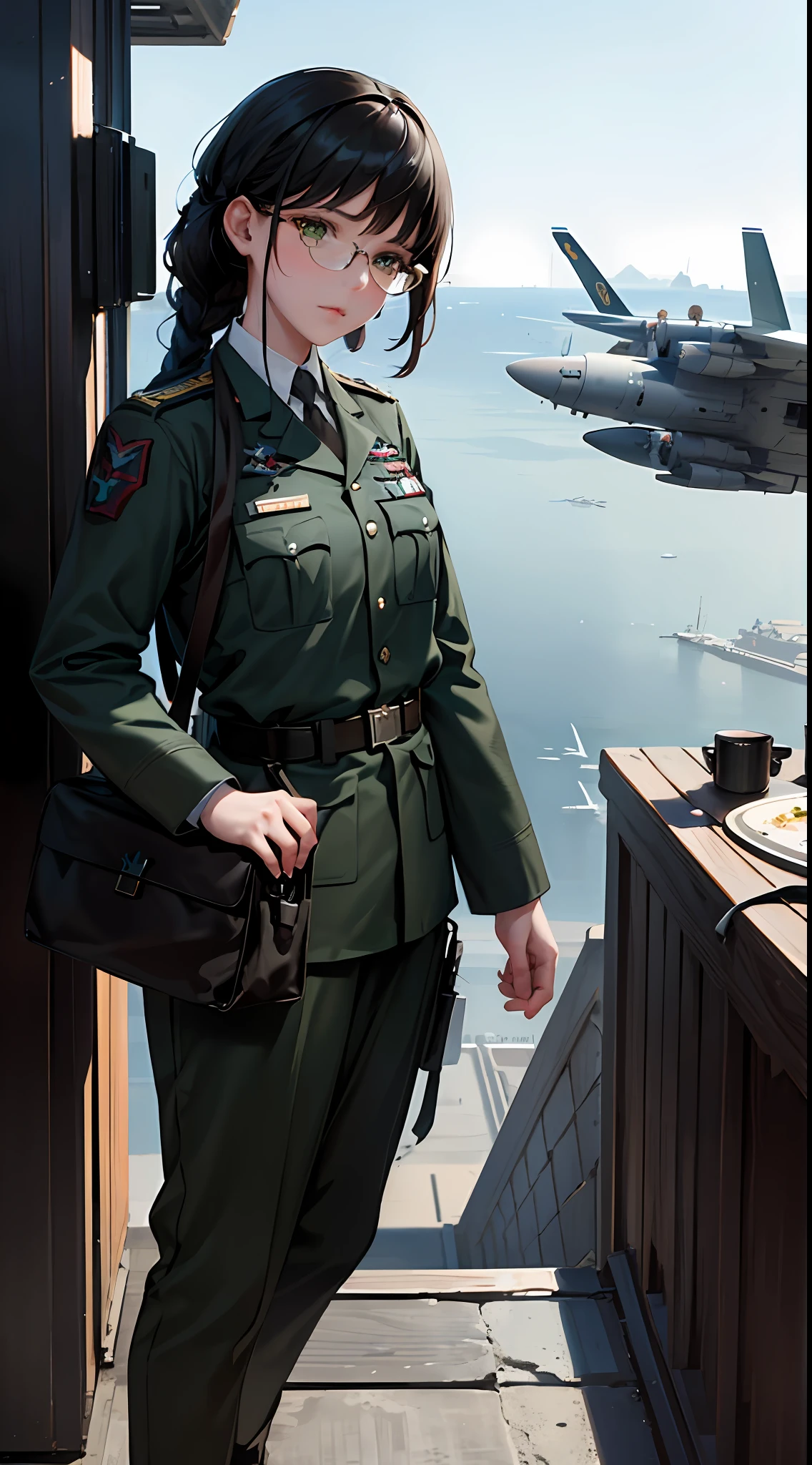 Masterpiece, realistic, sci-fi science fiction, realistic sci-fi movies, detailed facial features, realistic, in a single image, but modest, detailed fighters, realistic hi-tech fighters, cinematic camera angles. ,Most realistic shade,Detailed environment,(Beautiful CG:1.4 ),Standing on an aircraft carrier in the sky,Detailed realistic eye sockets,Fantastic shadows,Tonal coverage,Beautiful colors,Woman,adult,short,small chest,26 years old,dark green eyes, Purple-black hair, two braids in the back, smooth bangs in the front, red glasses, a solemn expression, (ref. WWII white German Air Force uniform: 1.5 )