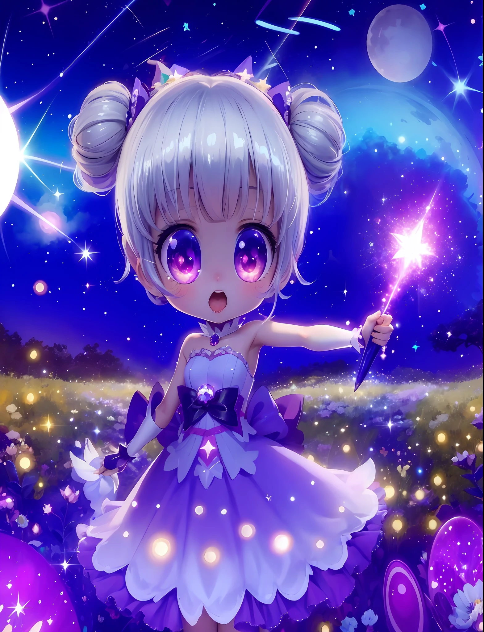 High definition, high definition 4k, fantastic, 1girl, anime girl in a purple dress with a wand of sparkle in the flower garden, shining magical girl, magical girl, space flower fairy, loli, astral fairy, magical girl port rate, magical girl style, starry sky!!, magical girl anime, magical girl, cosmic girl, anime fantasy illustration, dreamy psychedelic anime, nightcore