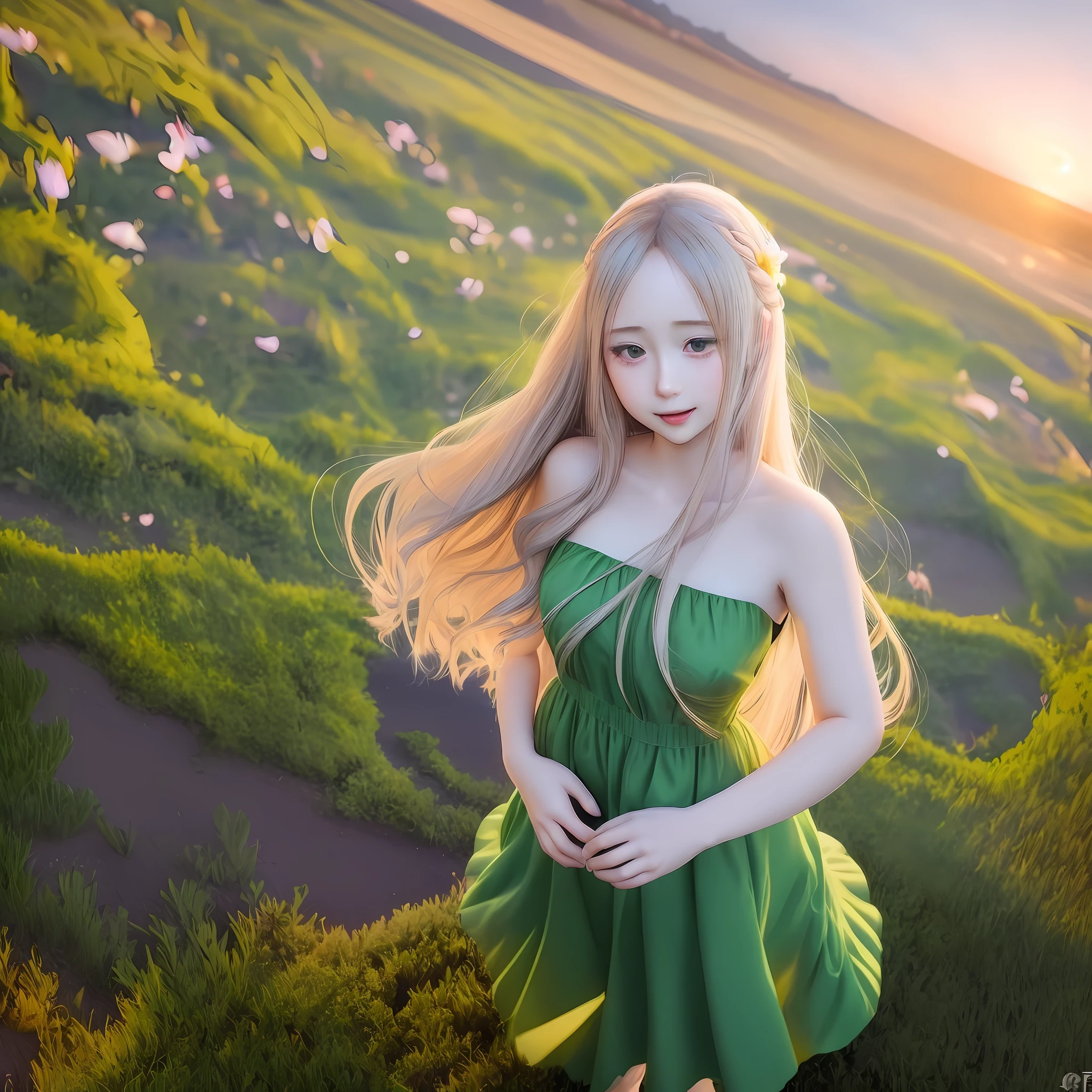 anime girl in a green dress with long hair and petals flying around her, smooth anime cg art, cute anime waifu in a nice long dress, beautiful anime girl, photorealistic anime girl render, beautiful sunsets, 3d anime girl, beautiful anime woman, render of a cute 3d anime girl, beautiful alluring anime woman, anime styled 3d, anime girl with long hair