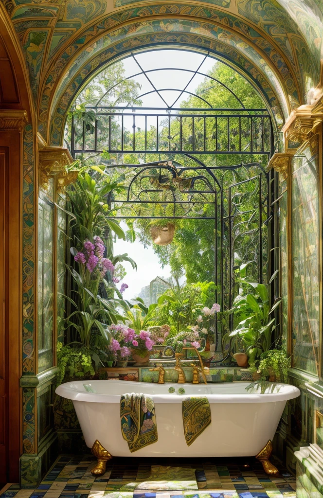 Architectural Digest photo of a maximalist green {vaporwave/steampunk/solarpunk} ((Huge bathroom,with a large bathtub, with a large double sink)) with flowers and plants, golden light, hyperrealistic surrealism, award-winning masterpiece with incredible detail, breathtaking epic
