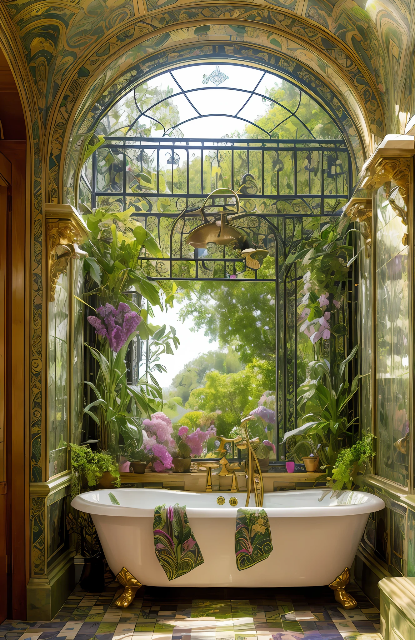 Architectural Digest photo of a maximalist green {vaporwave/steampunk/solarpunk} ((Huge bathroom,with a large bathtub, with a large double sink)) with flowers and plants, golden light, hyperrealistic surrealism, award-winning masterpiece with incredible detail, breathtaking epic