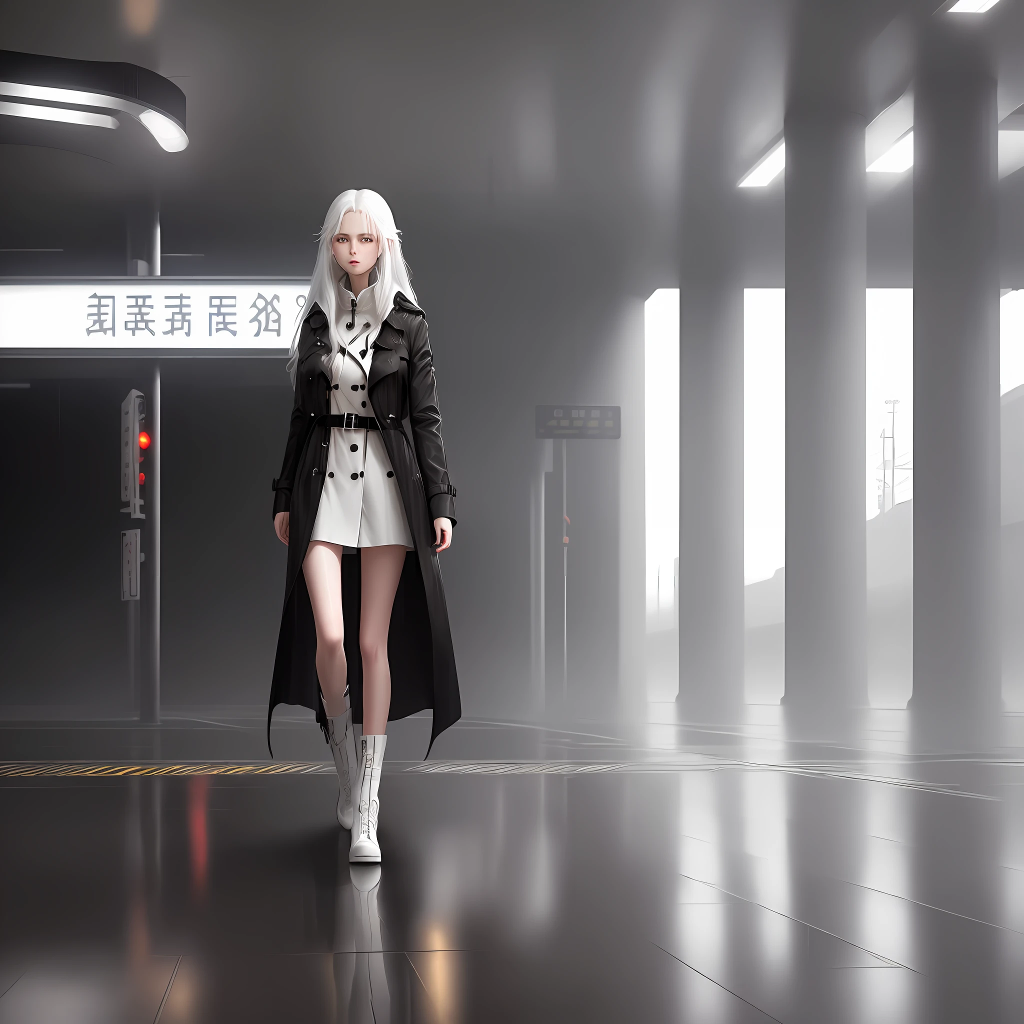 Highest quality, dark tone), (inspired by damp, rainy, cloudy, outdoor), (white trench coat, black, long straight white hair, leg ring, long legs), (station square, gray floor tiles, white signboard) , (rendered effect)