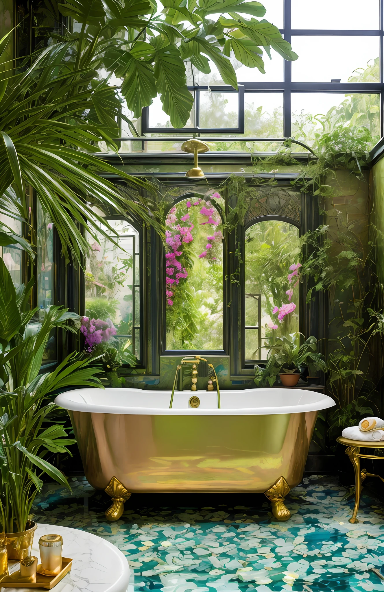 Architectural Digest photo of a maximalist green {vaporwave/steampunk/solarpunk} ((Huge bathroom,with a large bathtub, with a large double sink)) with flowers and plants, golden light, hyperrealistic surrealism, award-winning masterpiece with incredible detail, breathtaking epic