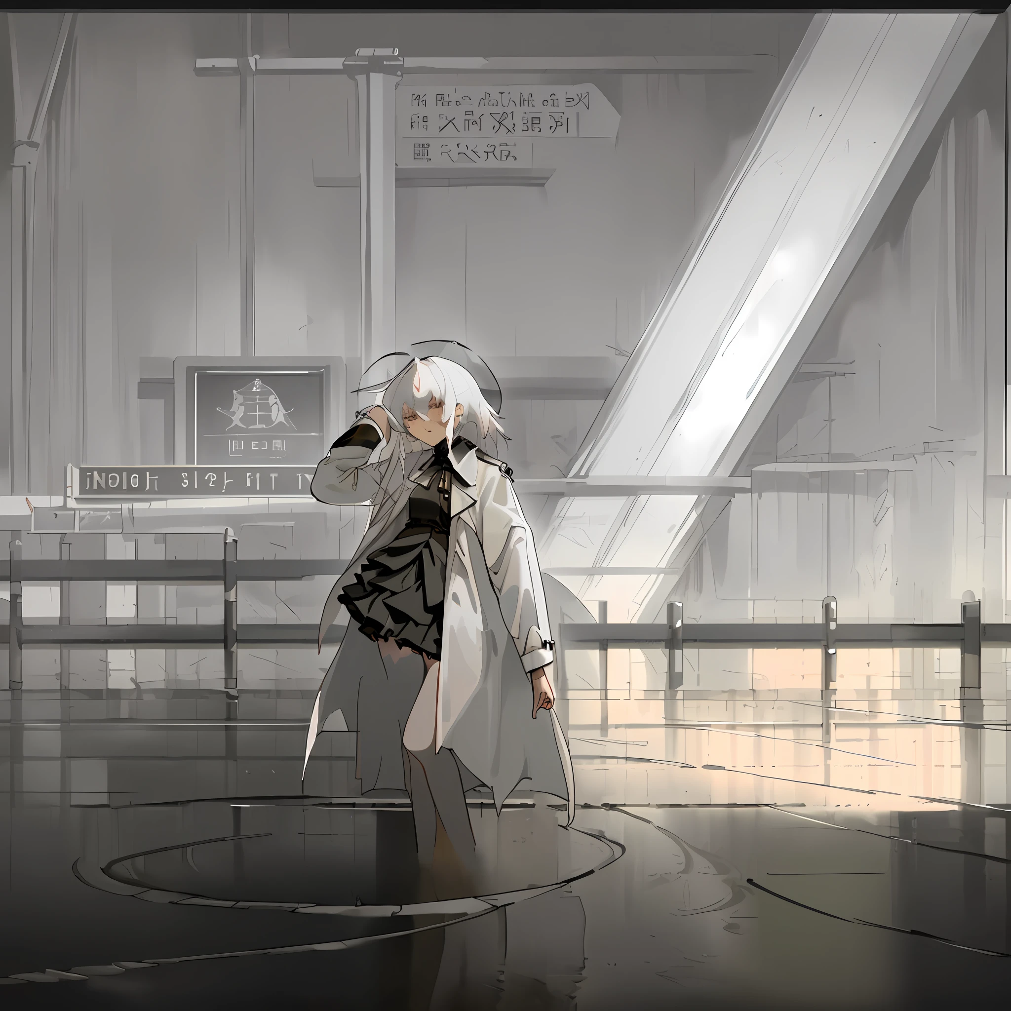 Highest quality, dark tone), (inspired by damp, rainy, cloudy, outdoor), (white trench coat, black, long straight white hair, leg ring, long legs), (station square, gray floor tiles, white signboard) , (rendered effect)