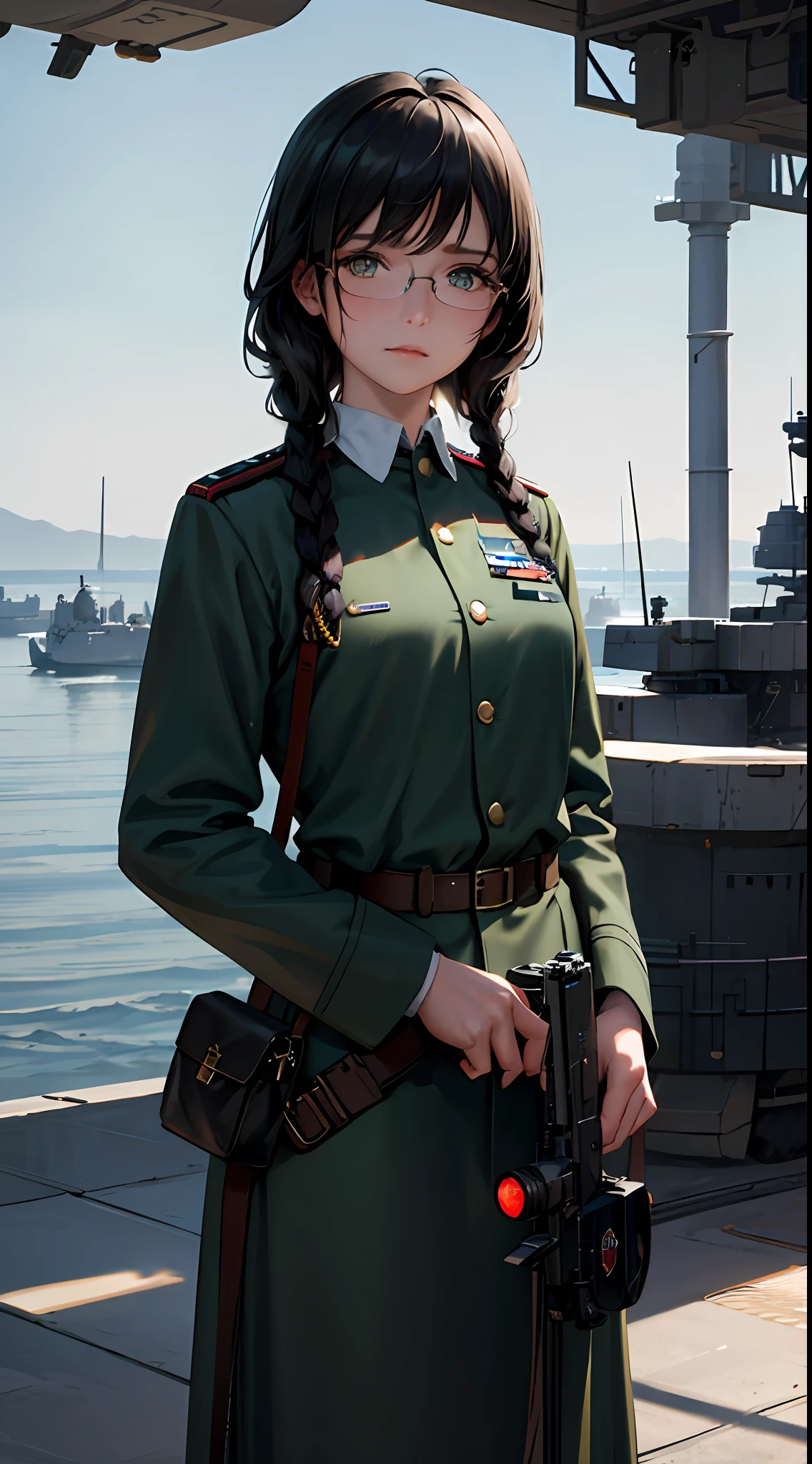 Masterpiece, realistic, sci-fi science fiction, beautiful eyes, realistic sci-fi movies, detailed facial features, realistic, in a single portrait, modest, detailed fighters, realistic hi-tech fighters. , cinematic camera angles, most realistic shades, environment details, ( beautiful CG: 1.4 ),Standing on an aircraft carrier in the sky,Detailed realistic eye sockets,Fantastic shadows,Tonal coverage,Beautiful colors,Woman,adult,short,small chest,26 years old,dark green eyes, Purple-black hair, two braids in the back, smooth bangs in the front, red glasses, a solemn expression, (ref. WWII white German Air Force uniform: 1.5 )