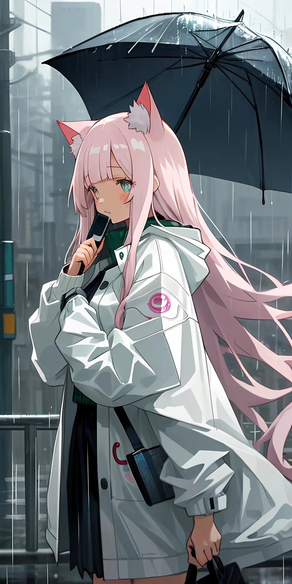 White windbreaker, long hair, anime girl, rainy day, beautiful, looking at mobile phone, station, cat ears
