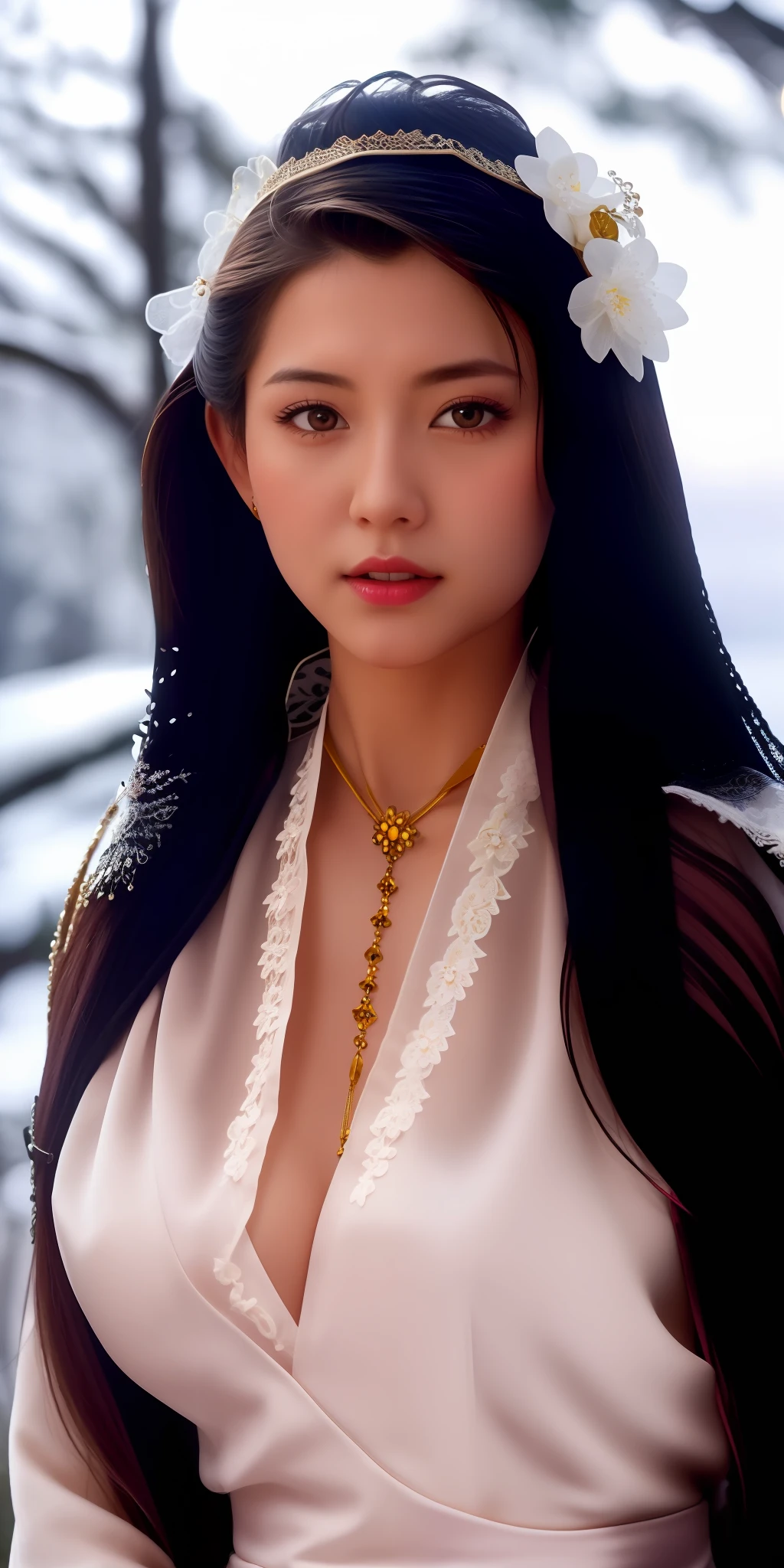 best quality, masterpiece, highres, 1girl, transparent lace china dress, cotton robe, hair ornament, dress,hair ornament, necklace, jewelry, chinese clothes, long hair, earrings, detailed beautiful eyes,detailed eyelash, Beautiful face,upon_body, tyndall effect,photorealistic, rim lighting, two tone lighting,(high detailed skin:1.2), 8k uhd, dslr, soft lighting, high quality, volumetric lighting, candid, Photograph, high resolution, 4k, 8k, Bokeh, in garden, falling snow, winter, (gigantic breasts:0.75)