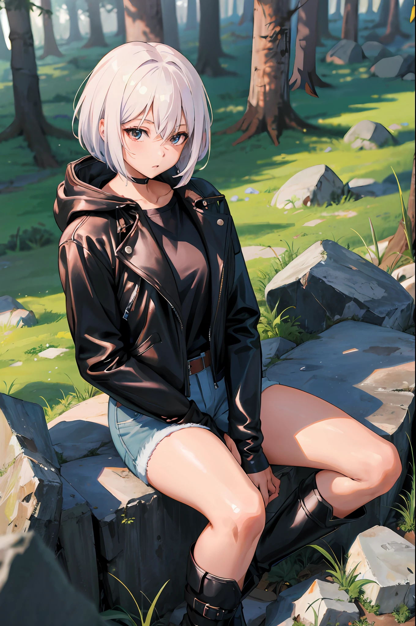 Adult anime girl with short white hair wearing jeans black boots and a leather jacket with a hood in a forest