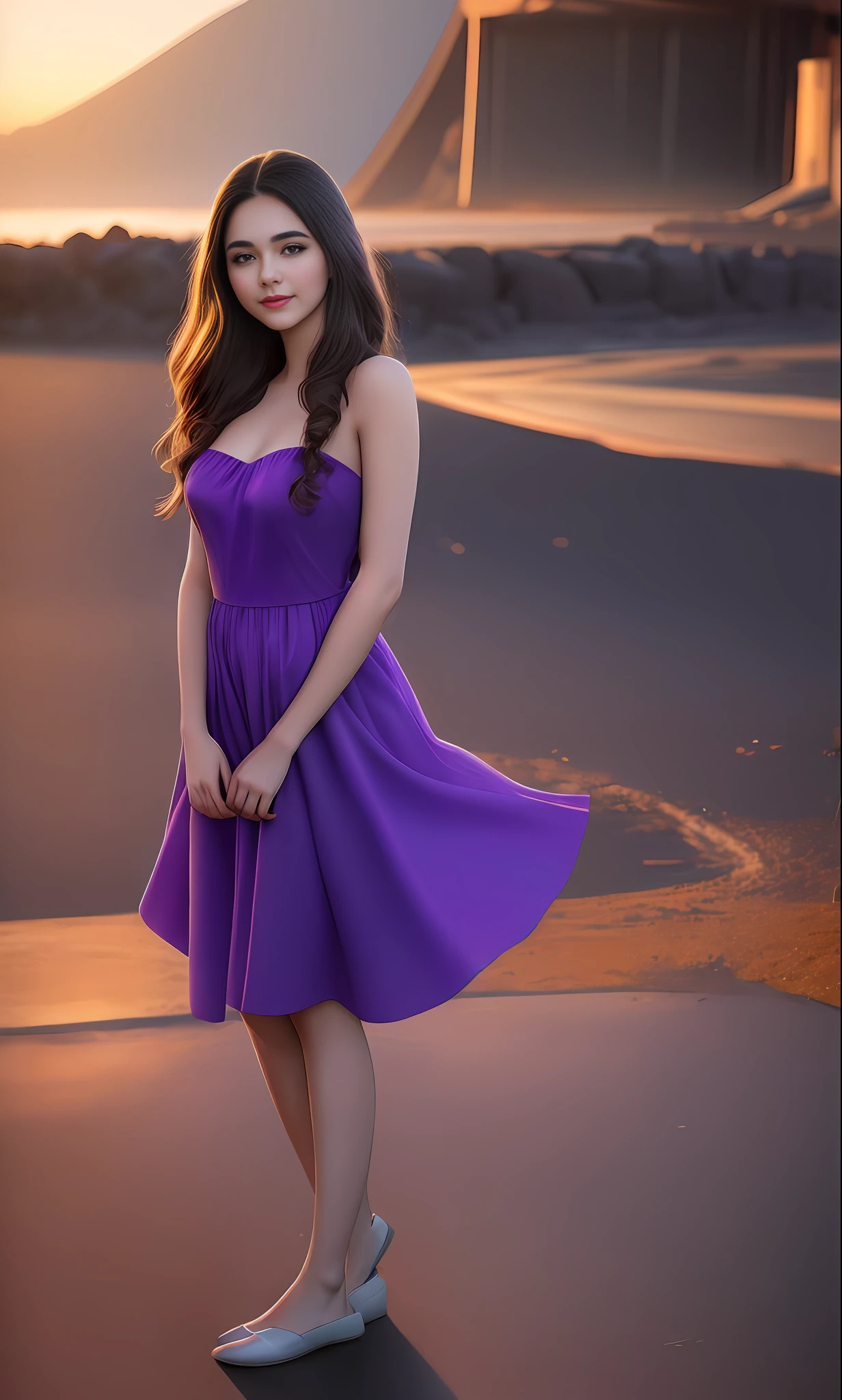 beautiful portrait of the most beautiful young woman in the world, wearing purple dress, standing as the sunsets, realistic image, hyper real, natural lighting, studio photography
