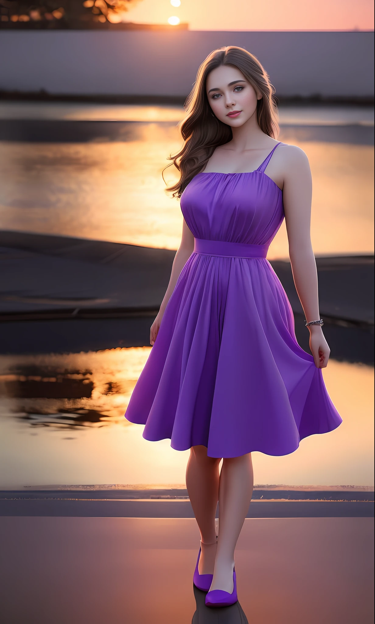 beautiful portrait of the most beautiful young woman in the world, wearing purple dress, standing as the sunsets, realistic image, hyper real, natural lighting, studio photography