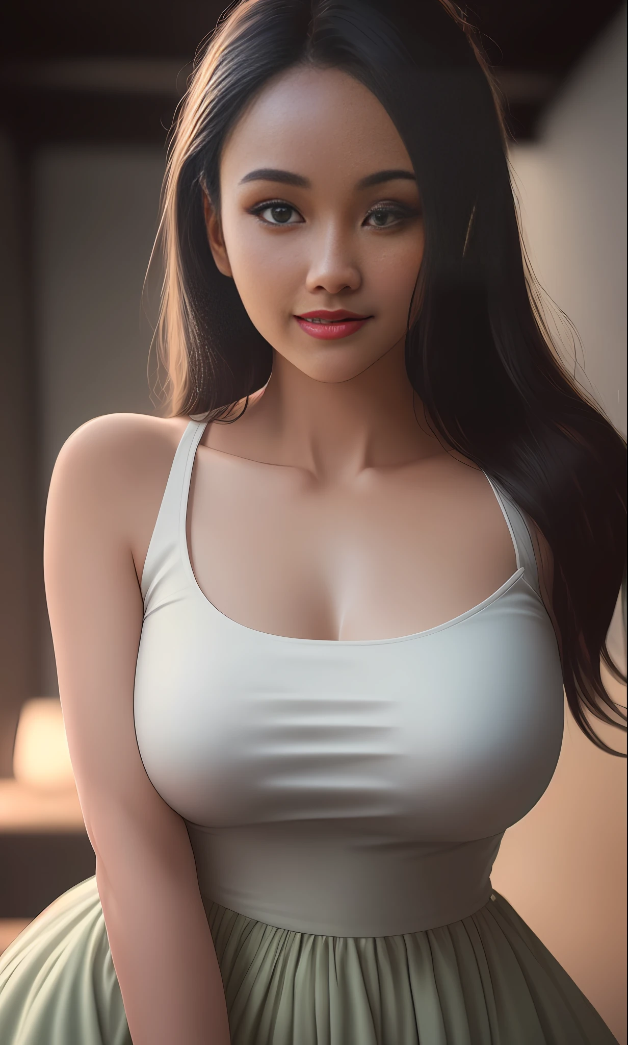 luminism, head-to-shoulder portrait of a e student model, long green dress, smooth soft skin, symmetrical, natural skin texture, illuminated by neon as the only light source, wearing a white tank top with a collar, a detailed face, photorealism, soft pastel colors sparkling, looking into the camera, blue iris, photorealistic painting, sharp focus, 8k, perfect composition, trending on artstation, award-winning photograph, unreal engine 5, cinematic smooth, intricate detail, studio photo, highly detailed. simple background.