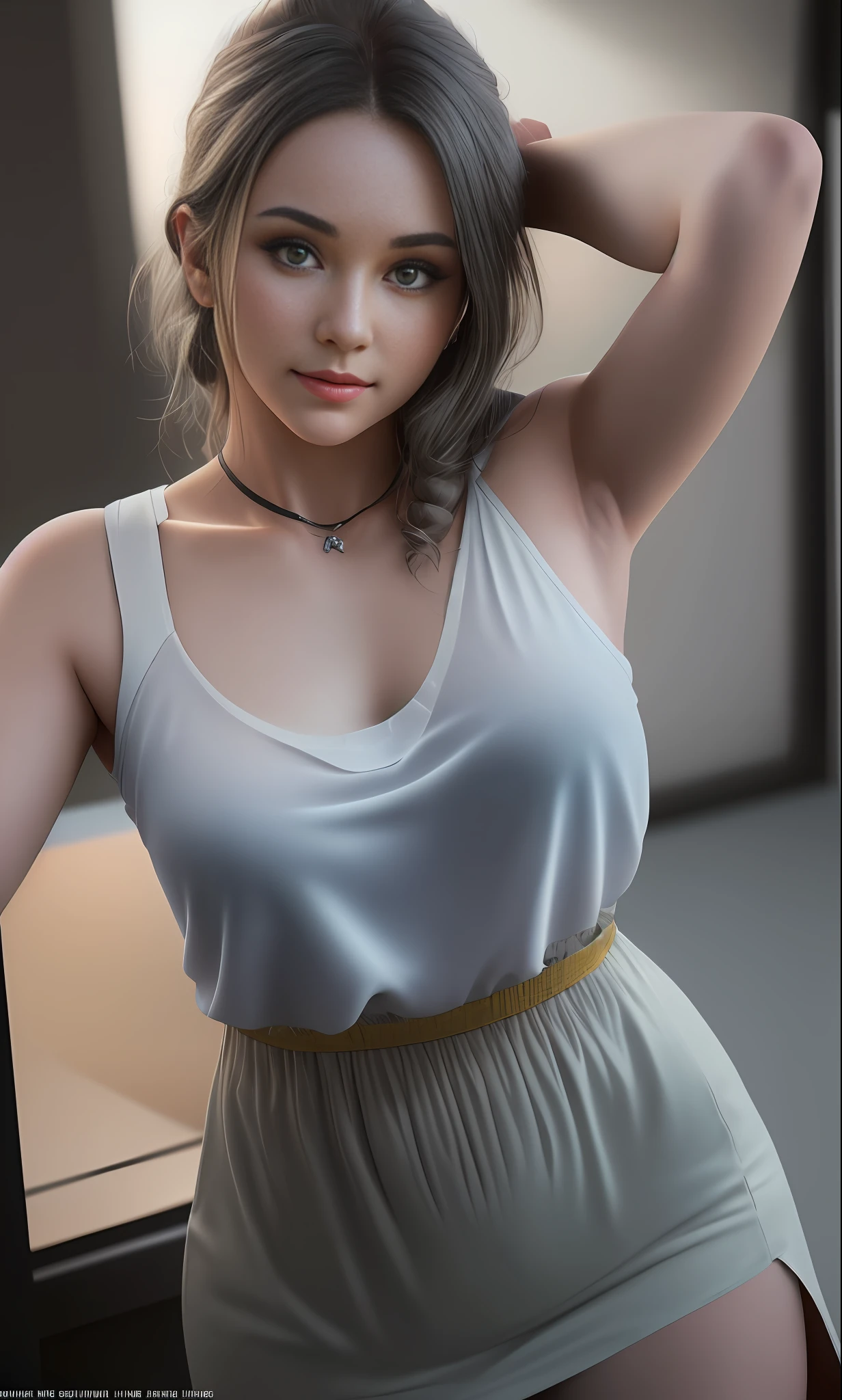 luminism, head-to-shoulder portrait of a Cute student model, long green dress, smooth soft skin, symmetrical, natural skin texture, illuminated by neon as the only light source, wearing a white tank top with a collar, a detailed face, photorealism, soft pastel colors sparkling, looking into the camera, blue iris, photorealistic painting, sharp focus, 8k, perfect composition, trending on artstation, award-winning photograph, unreal engine 5, cinematic smooth, intricate detail, studio photo, highly detailed. simple background.