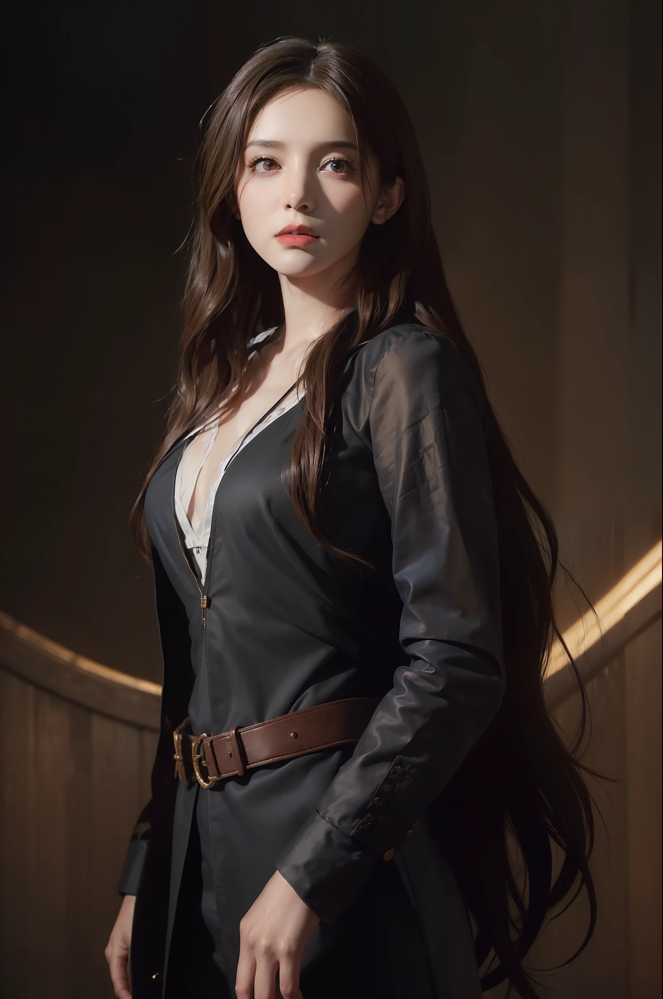 (in the dark:1.6), Hyperrealist portrait of female by david hockney and alphonse mucha,fantasy art, photo realistic, dynamic lighting, artstation, poster, volumetric lighting, very detailed faces, 4 k, award winning,, 1girl, in the dark, deep shadow, low key,cowboy shot,(official clothing:1.4) ,long hair, brunette hair,