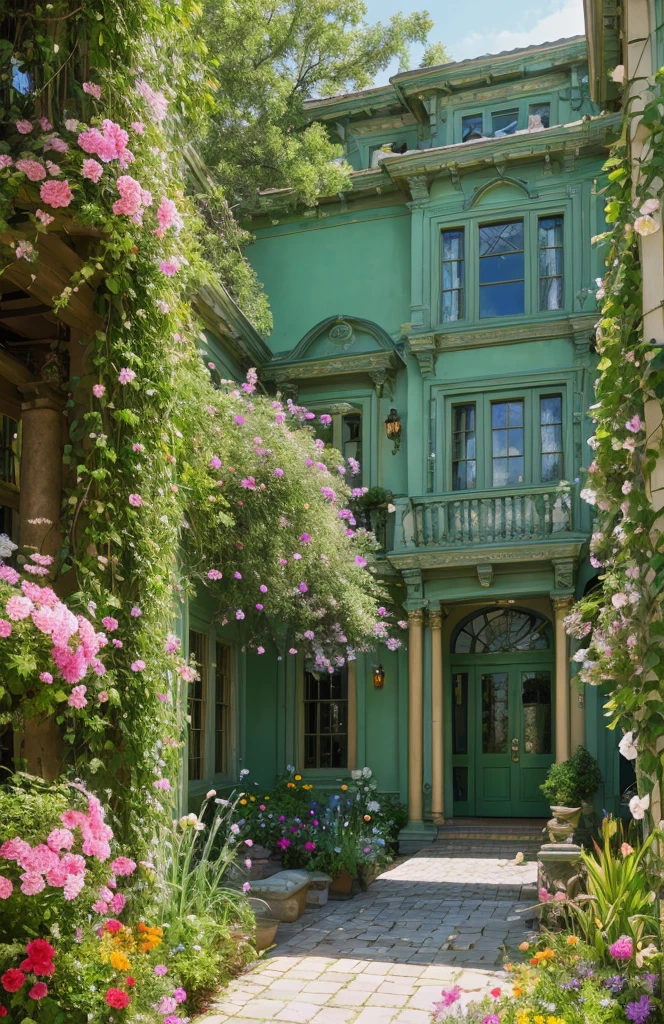 Architectural Digest photo of a maximalist green {vaporwave/steampunk/solarpunk} ((outside of a classic house )) with flowers and plants, golden light, hyperrealistic surrealism, award-winning masterpiece with incredible detail, breathtaking epic