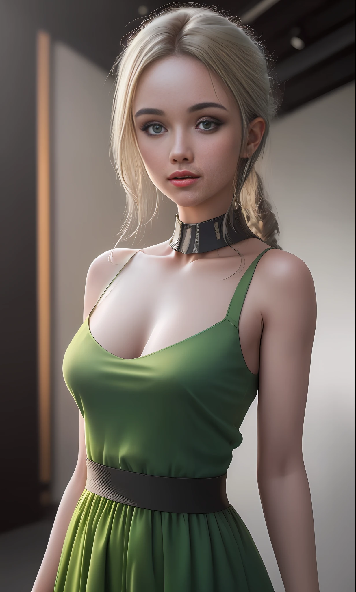 luminism, head-to-shoulder portrait of a Cute student model, ((long green dress)), smooth soft skin, symmetrical, natural skin texture, illuminated by neon as the only light source, wearing a white tank top with a collar, a detailed face, photorealism, soft pastel colors sparkling, looking into the camera, blue iris, photorealistic painting, sharp focus, 8k, perfect composition, trending on artstation, award-winning photograph, unreal engine 5, cinematic smooth, intricate detail, studio photo, highly detailed. simple background.